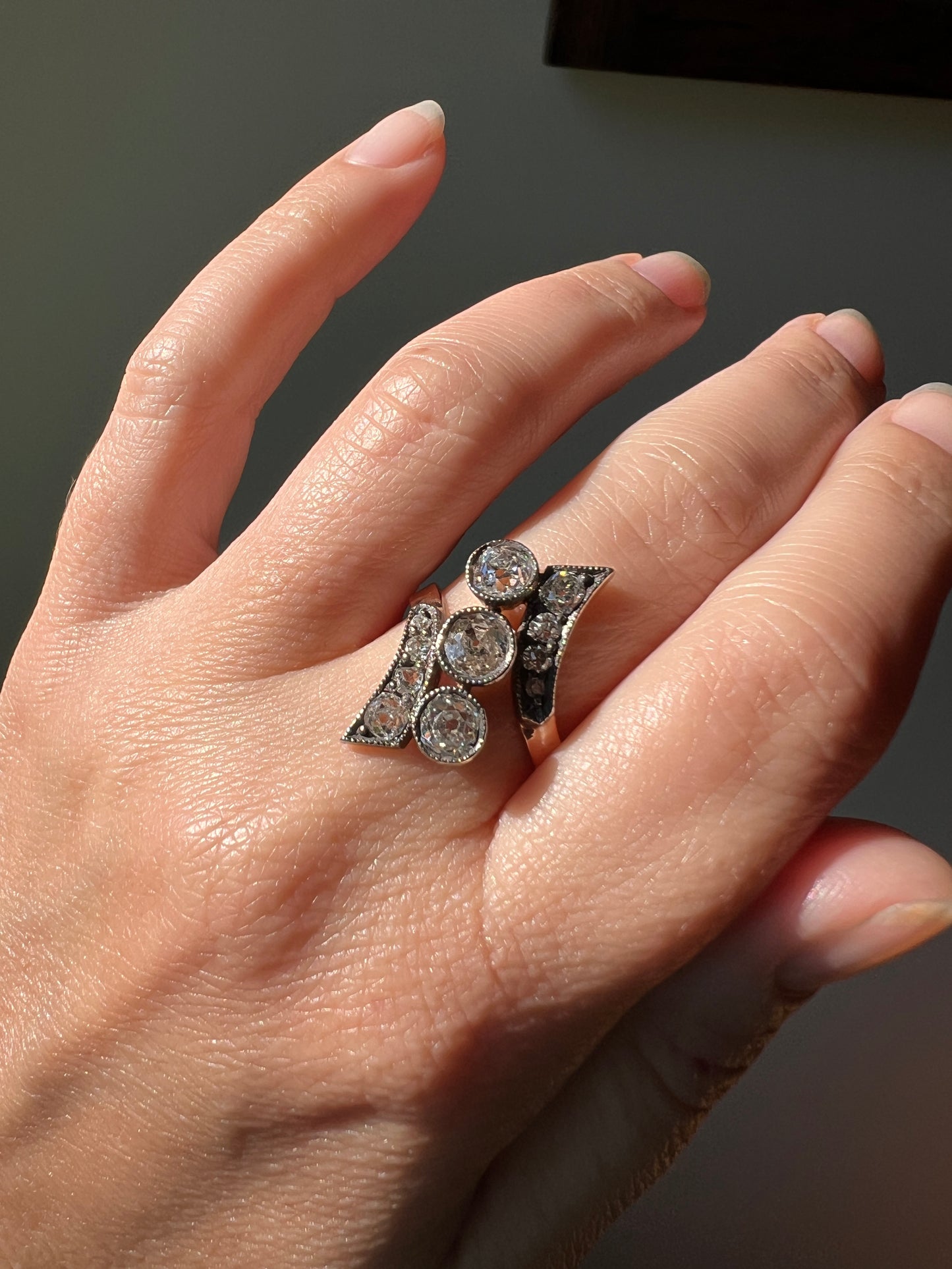 BYPASS Antique 2.1 CARATS Old Mine Cut DIAMOND Chunky Ring 14k Gold & Silver