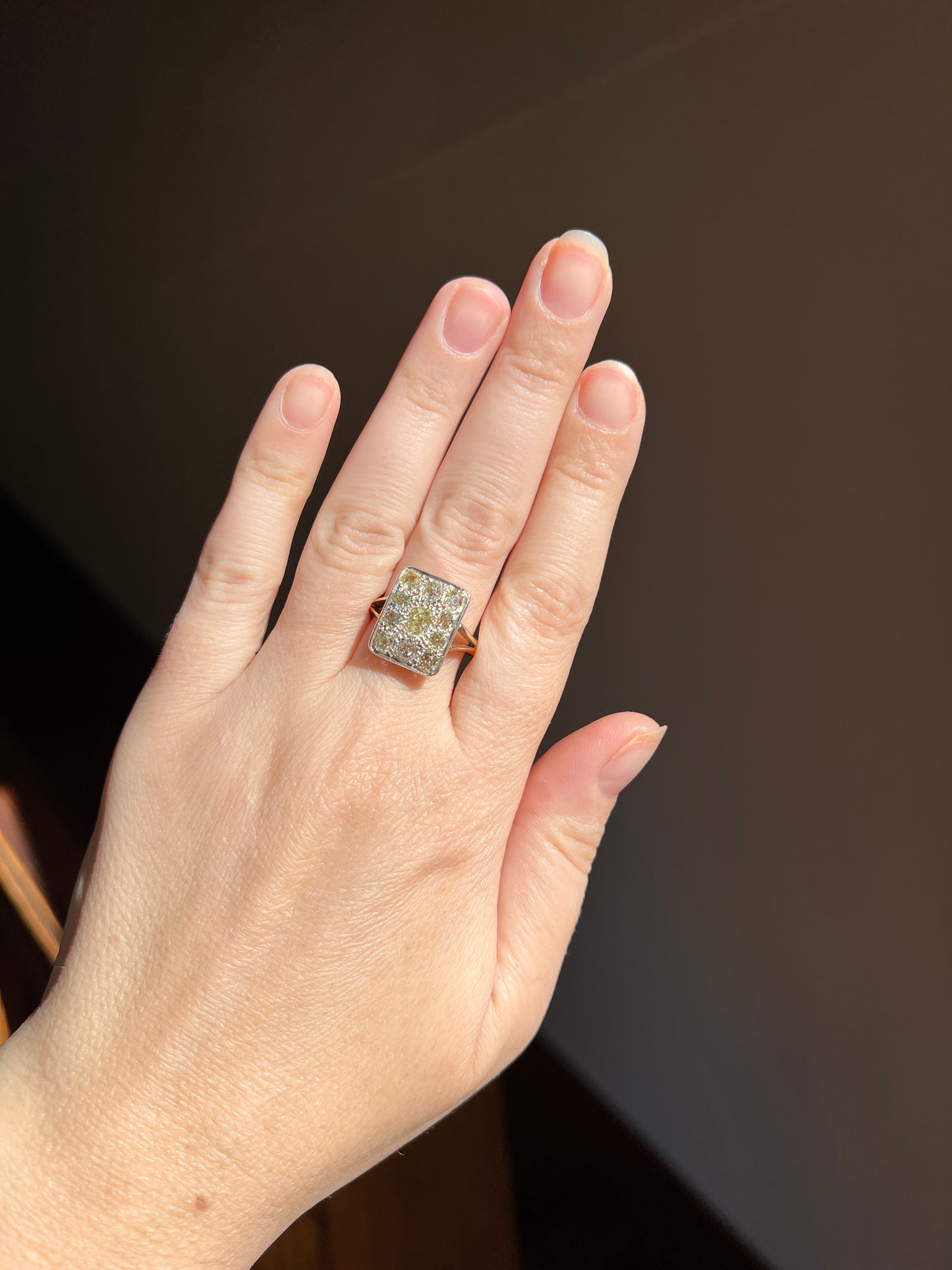 YELLOW Champagne Brown 1.75 Carat Old Mine Cut DIAMOND Grid Cluster Ring 18k Gold