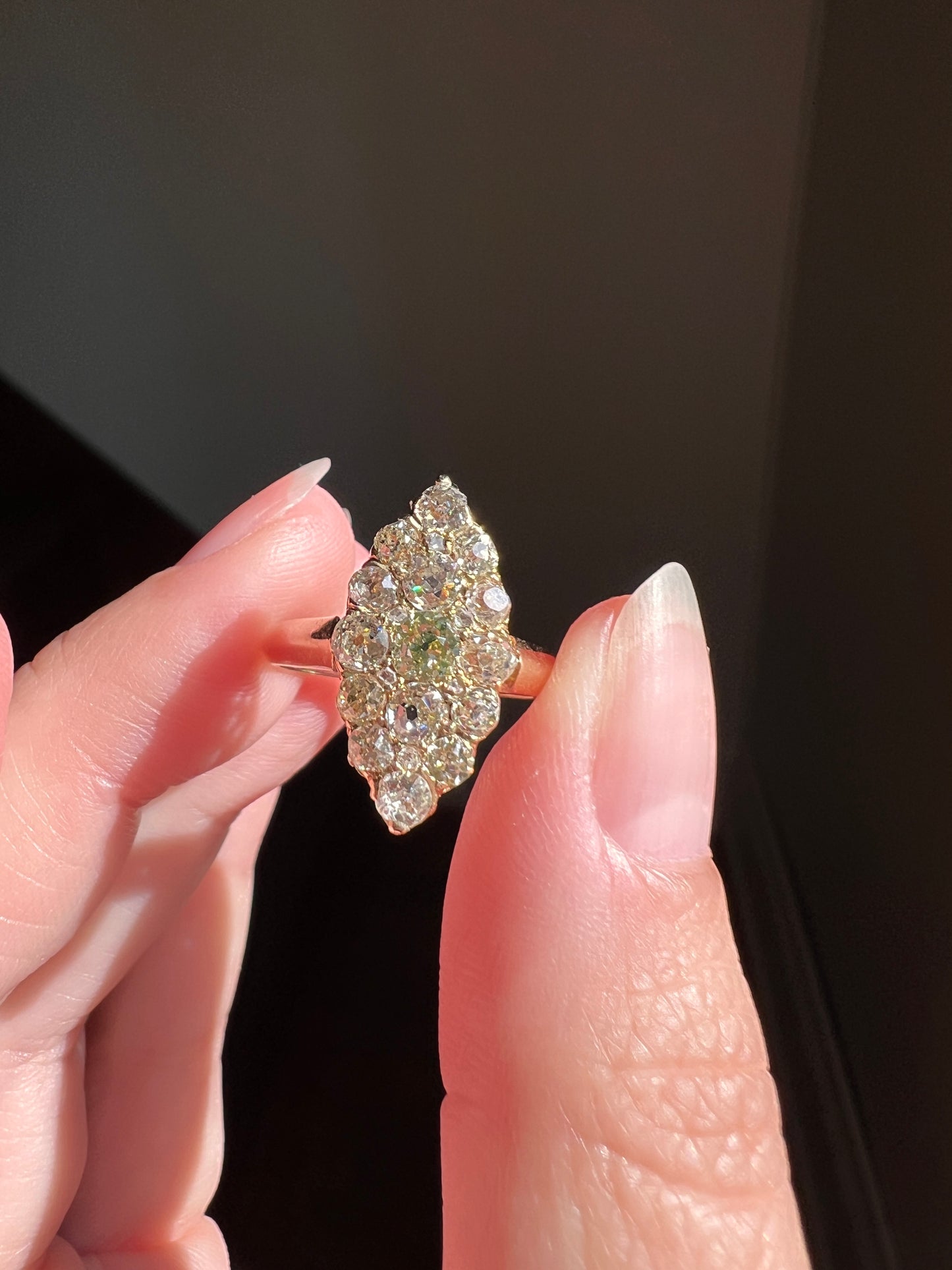 NAVETTE 1.2 Carat Old Mine Cut DIAMOND Yellow Green Victorian Antique 18k Gold Ring