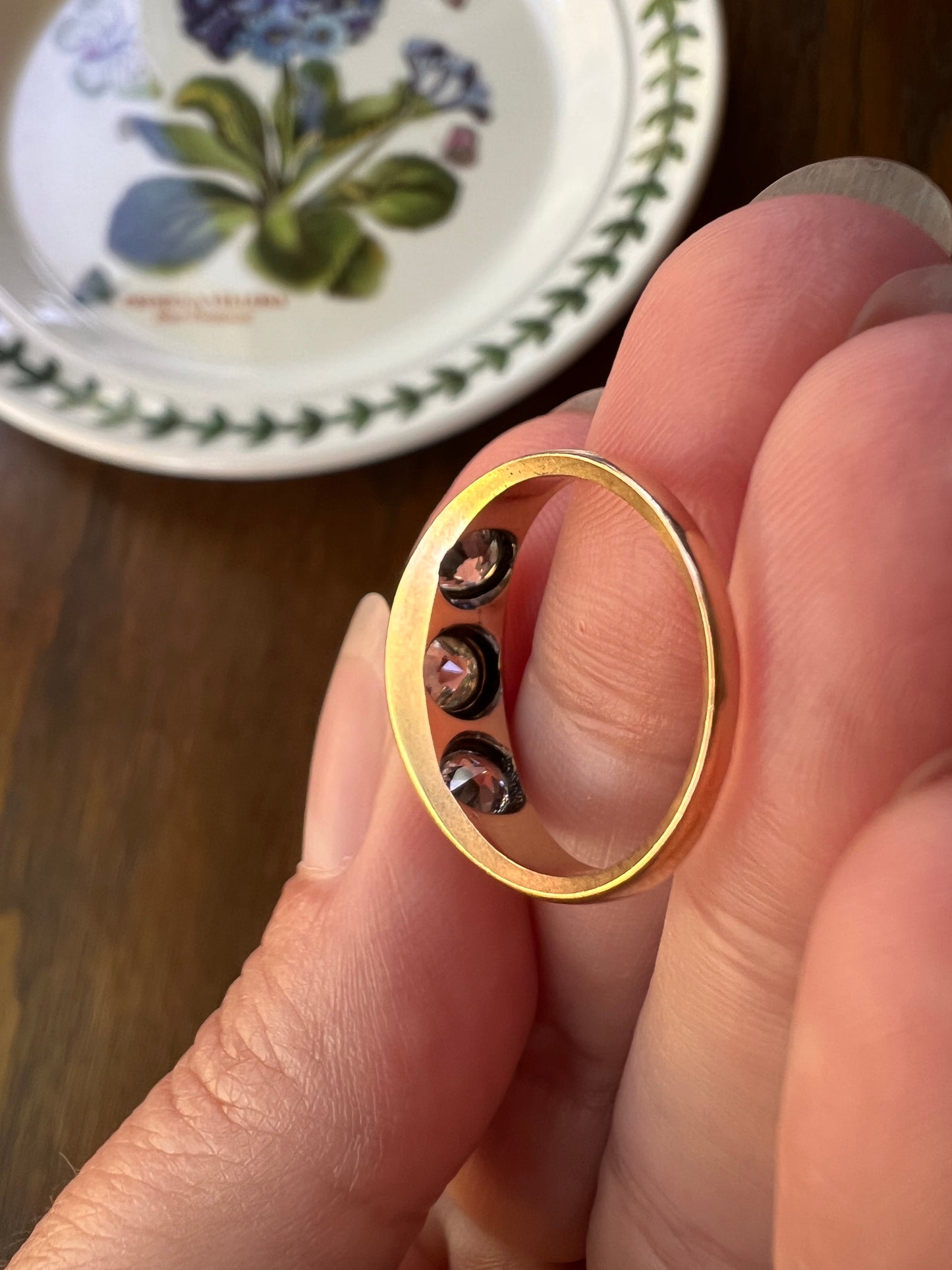 Three Stone 1.15 Carat Old European Cut ANTIQUE 18k Rose Gold Ring Gypsy Band French Unisex