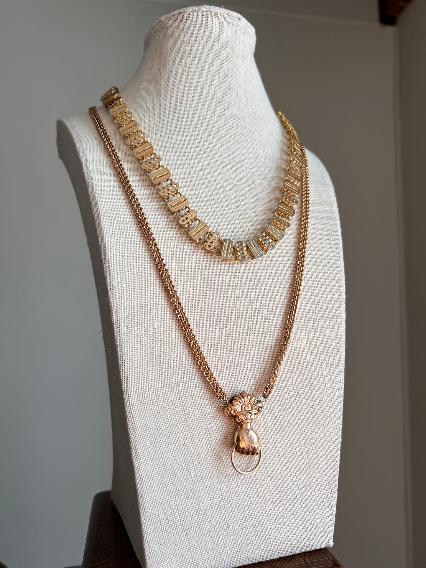 XL FIST French Antique VICTORIAN Necklace Double Chain with Swivel Loop Pendant Holder 25g 9k 14k Gold Figural
