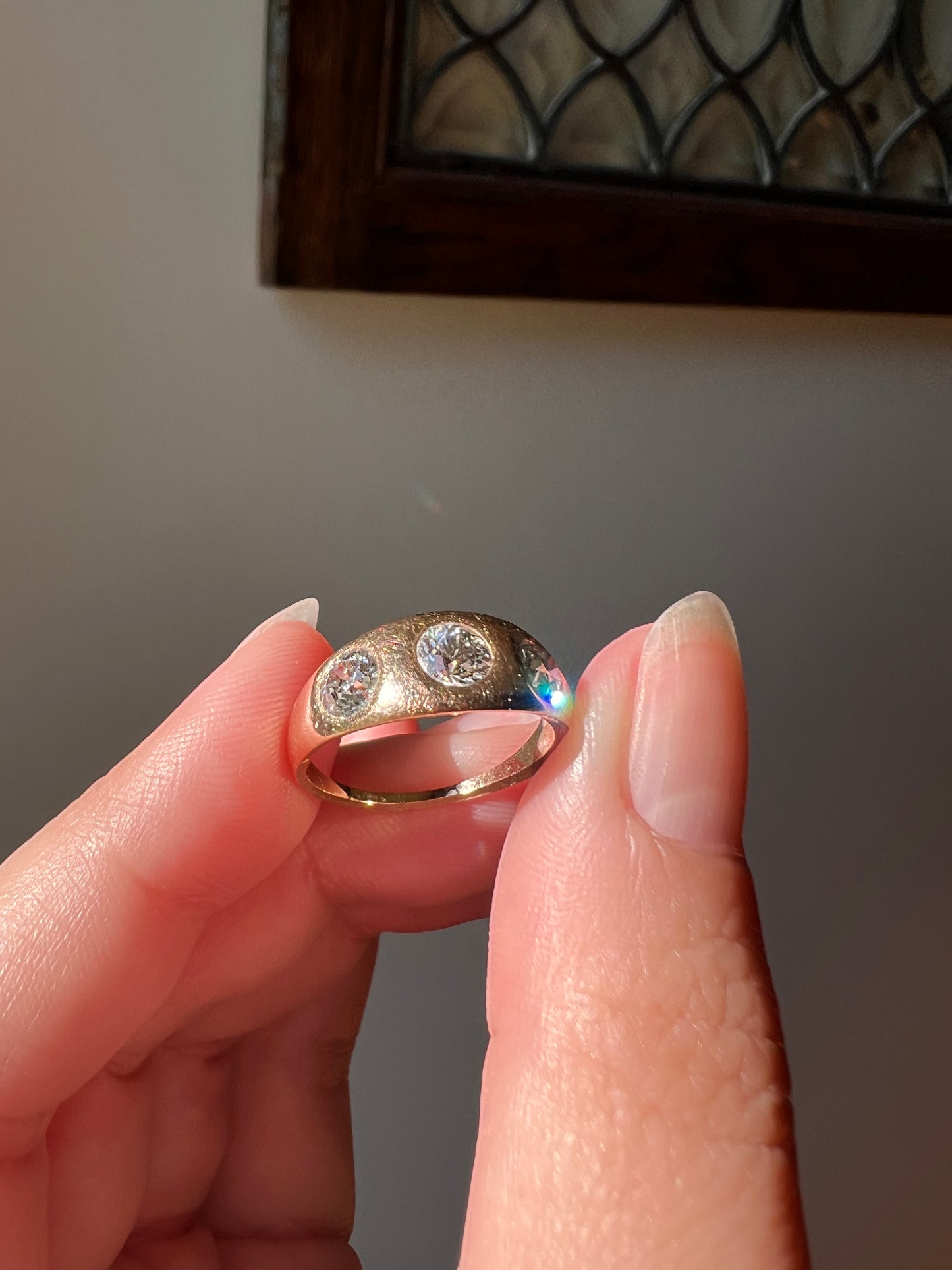 Three Stone 1.15 Carat Old European Cut ANTIQUE 18k Rose Gold Ring Gypsy Band French Unisex