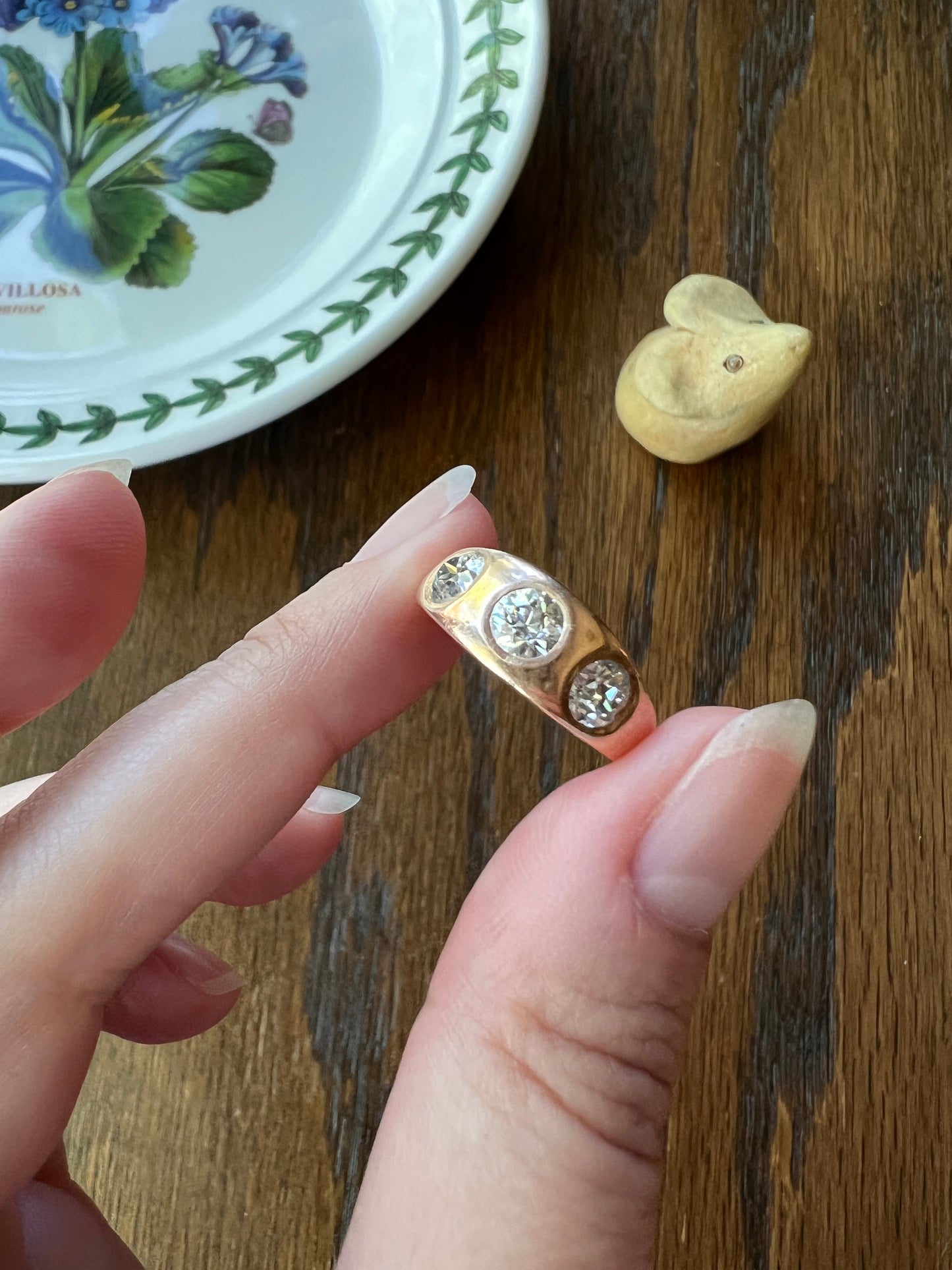 Three Stone 1.15 Carat Old European Cut ANTIQUE 18k Rose Gold Ring Gypsy Band French Unisex
