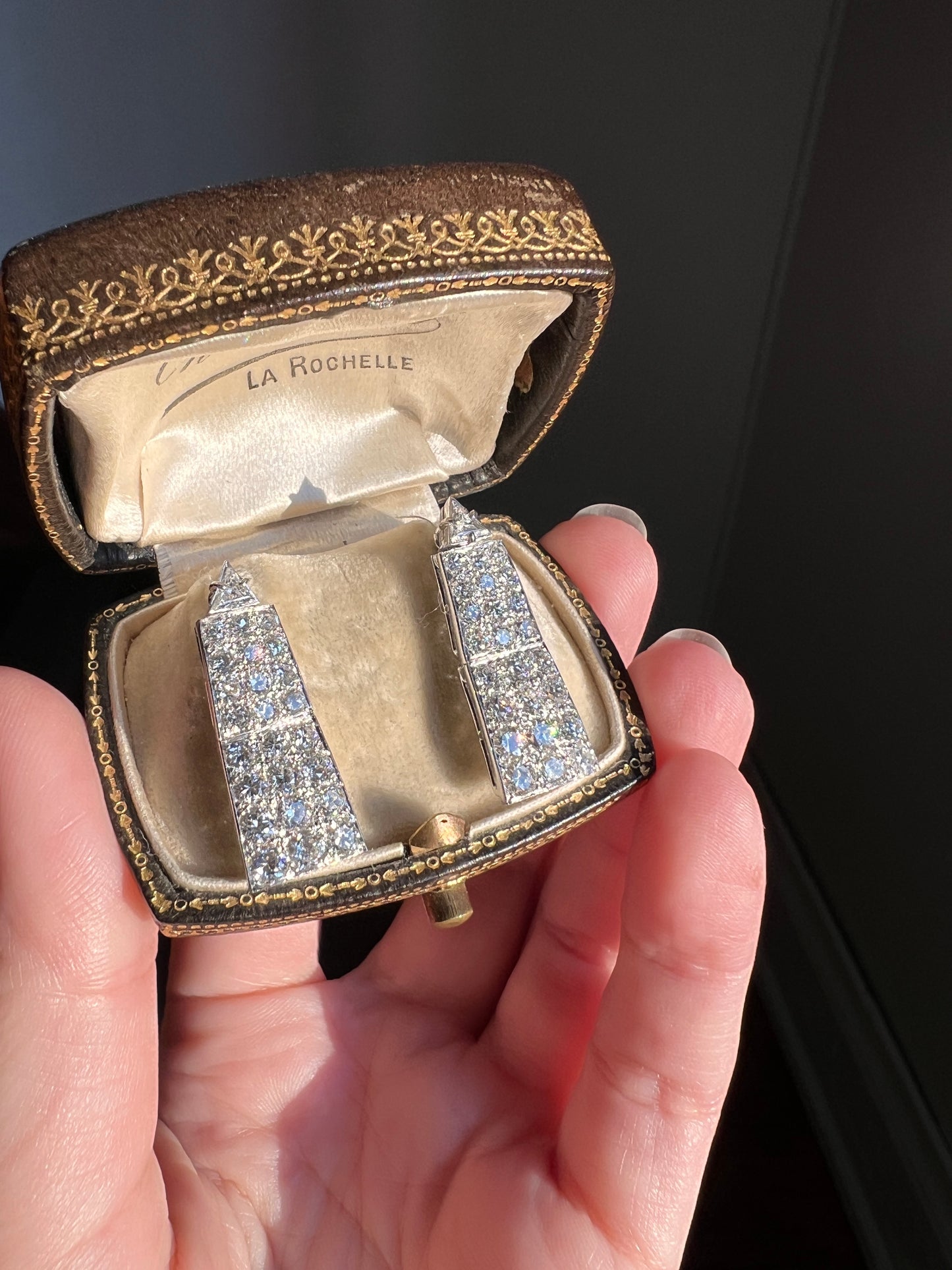 French Antique 3.4 Carats TRIANGLE Old Cut DIAMOND & Round Grid Panel Dangle Earrings PLATINUM 18k White Gold