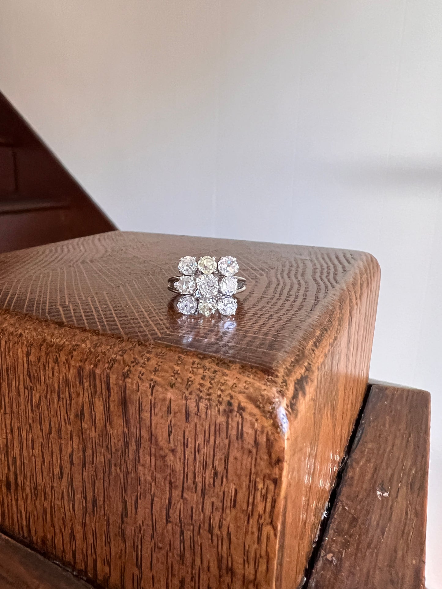 SQUARE Domed Grid French ANTIQUE 1.75 Carats Old Mine Cut Yellow & White DIAMOND Cluster Ring 18k White Gold