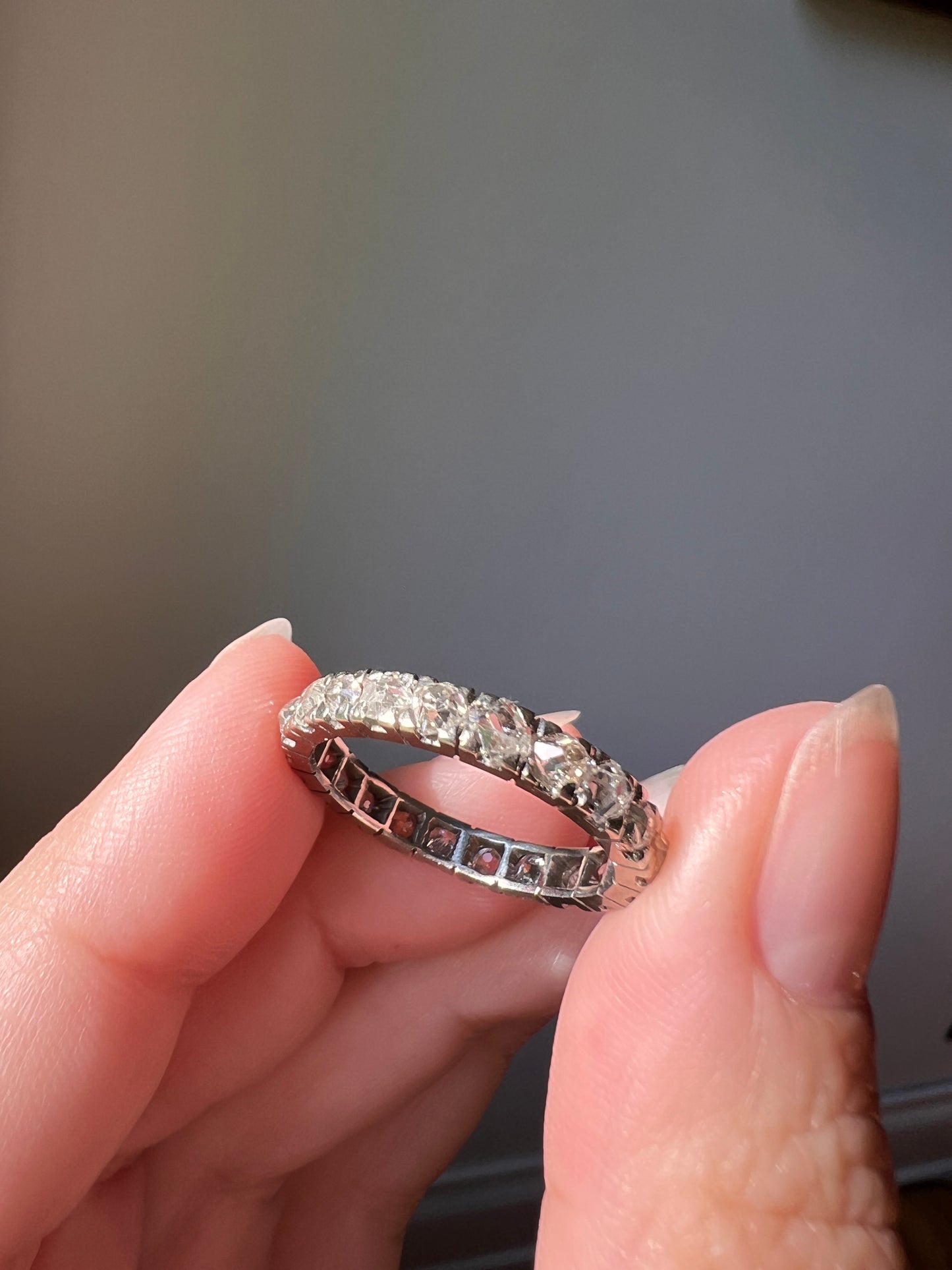 Chunky French Antique Art Deco 1.7 Carat Tall Square Old Mine Cut DIAMOND FuLL ETERNITY Band Ring 18k White GOLD