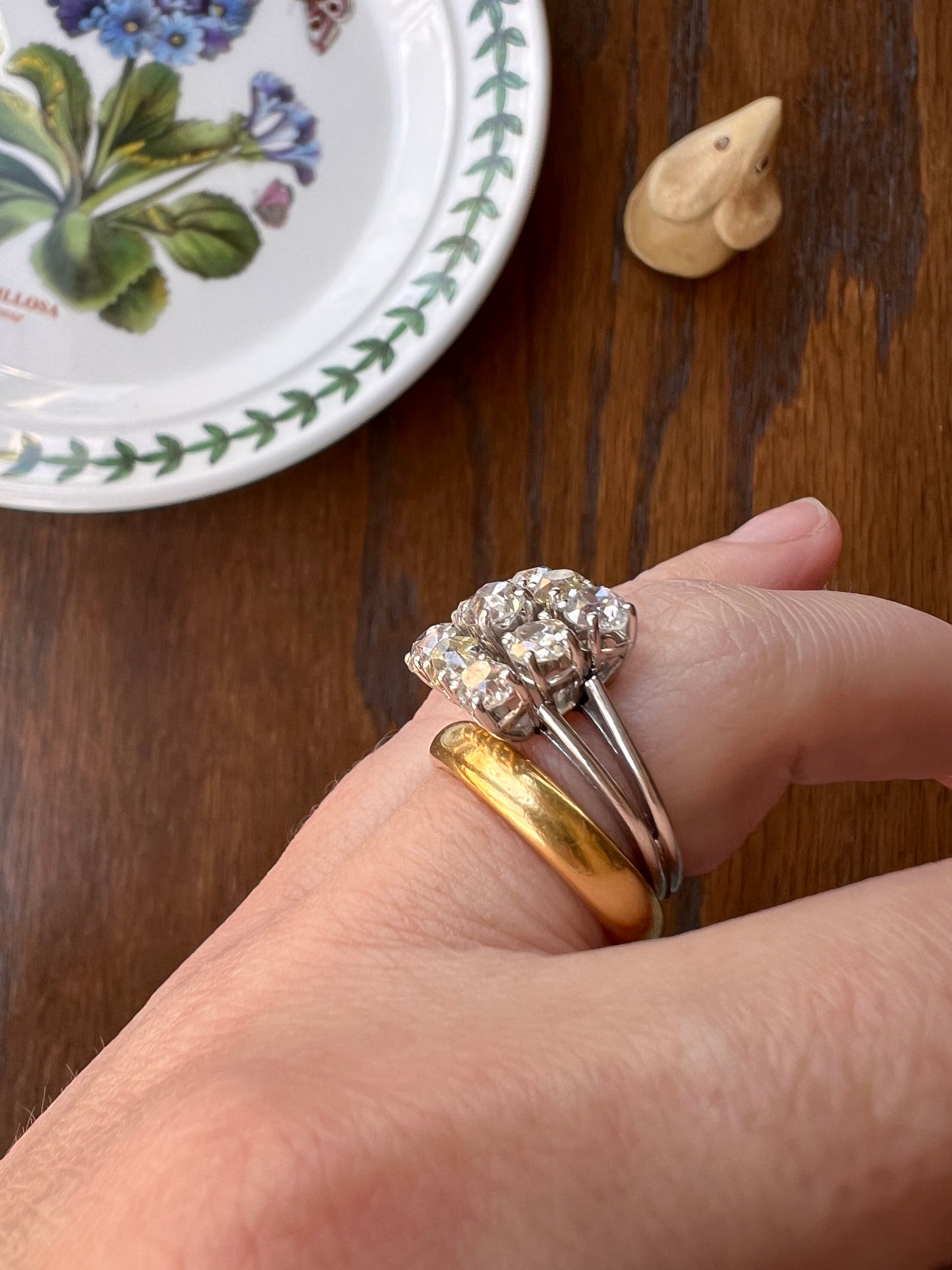 SQUARE Domed Grid French ANTIQUE 1.75 Carats Old Mine Cut Yellow & White DIAMOND Cluster Ring 18k White Gold