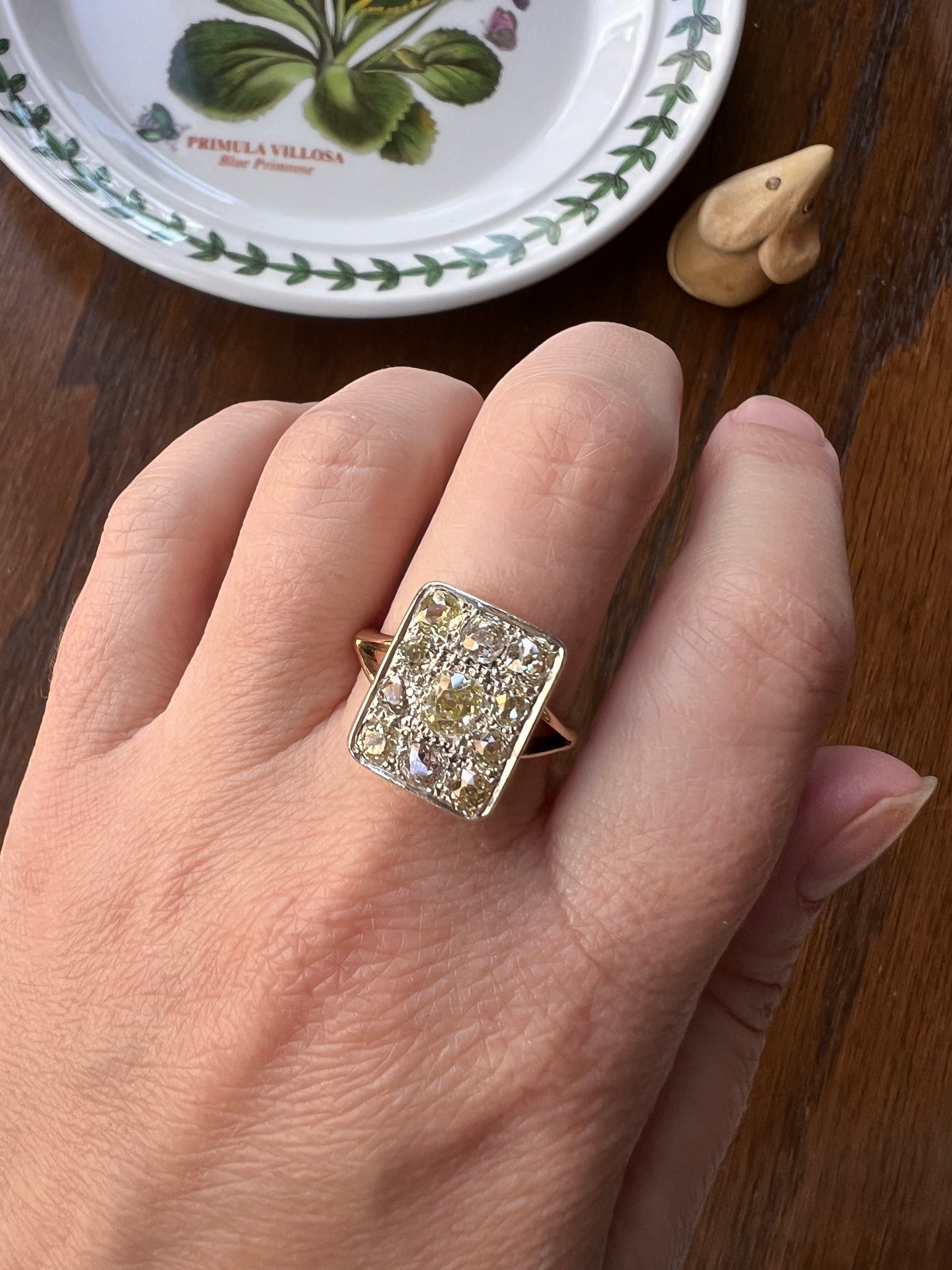 YELLOW Champagne Brown 1.75 Carat Old Mine Cut DIAMOND Grid Cluster Ring 18k Gold