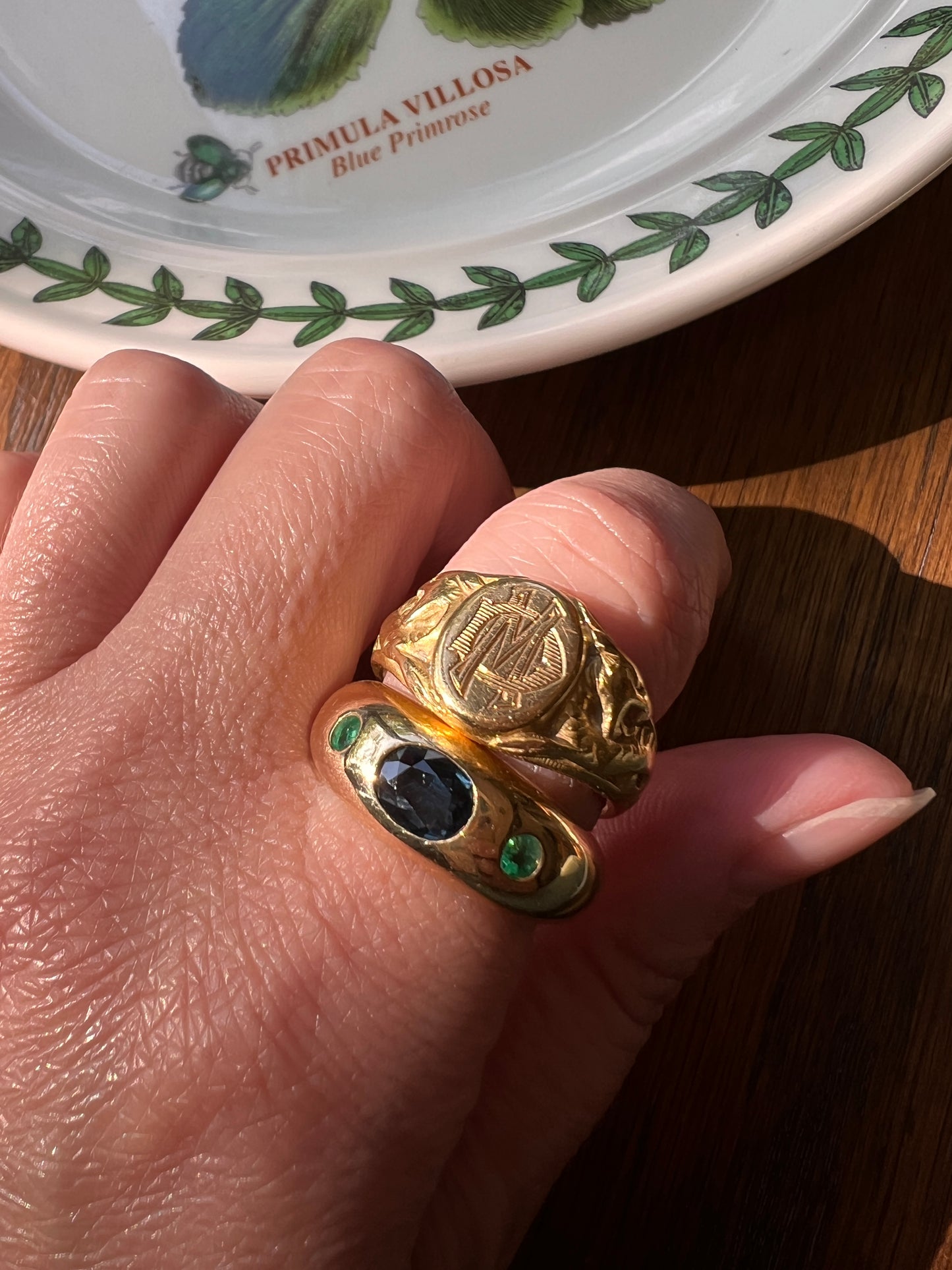 SAPPHIRE Green EMERALD Three Stone Gypsy Ring Chunky French Vintage 18k Gold Solid 3 Stone Band