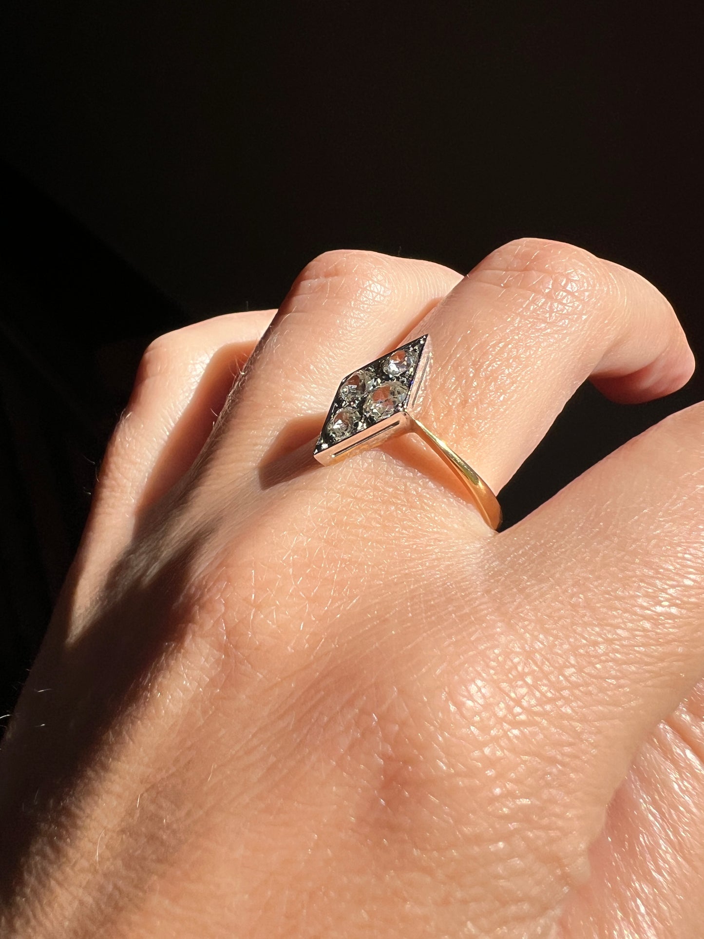 Four Stone KITE .9 Carat Old Mine Cut Diamond Cluster Grid Ring Antique 18k Gold Geometric