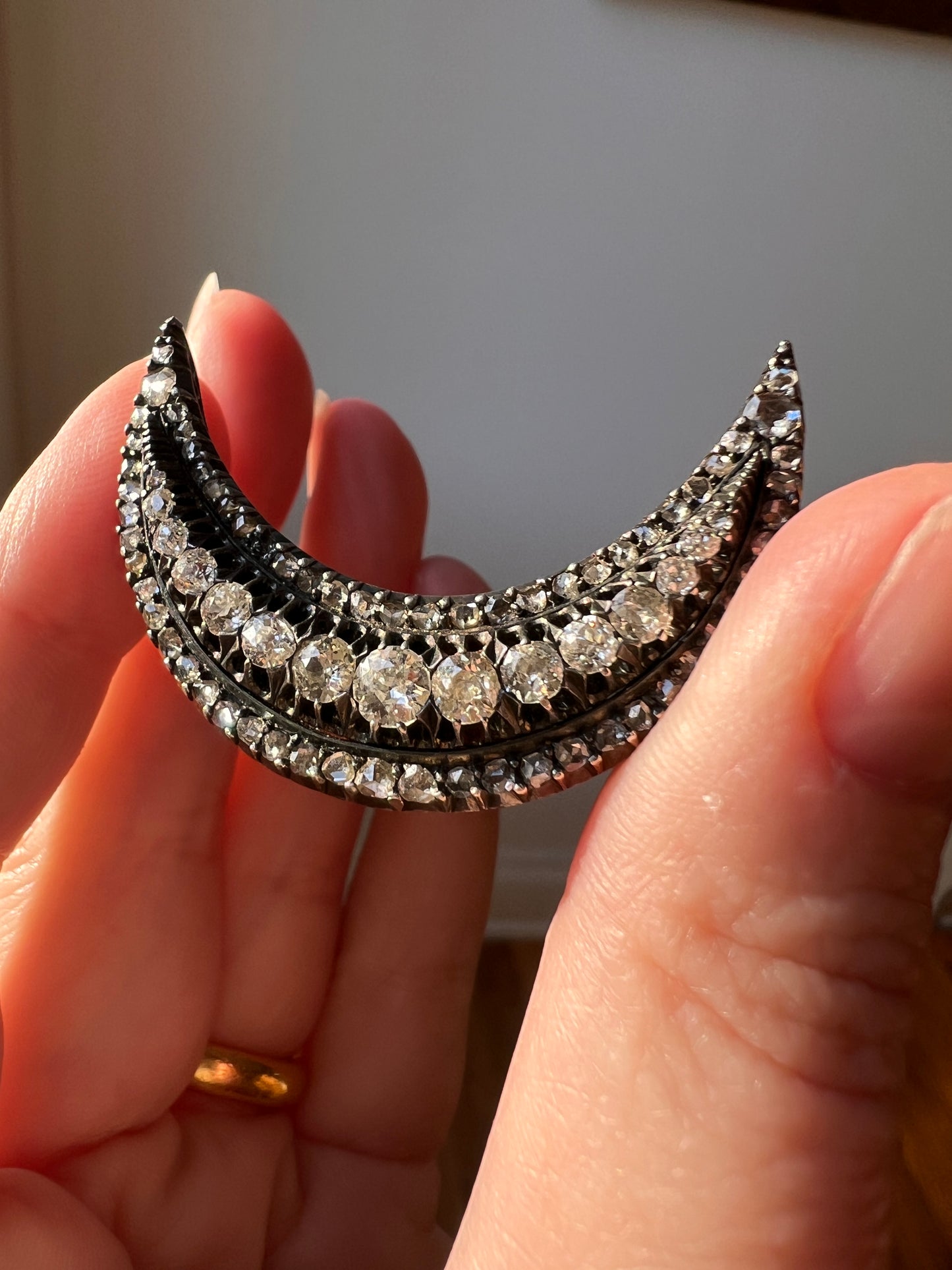 Special XL Crescent MOON 2 3/4 Carats Rose Old Mine European Cut DIAMOND Brooch Pendant French Antique 14k Rose Gold Silver
