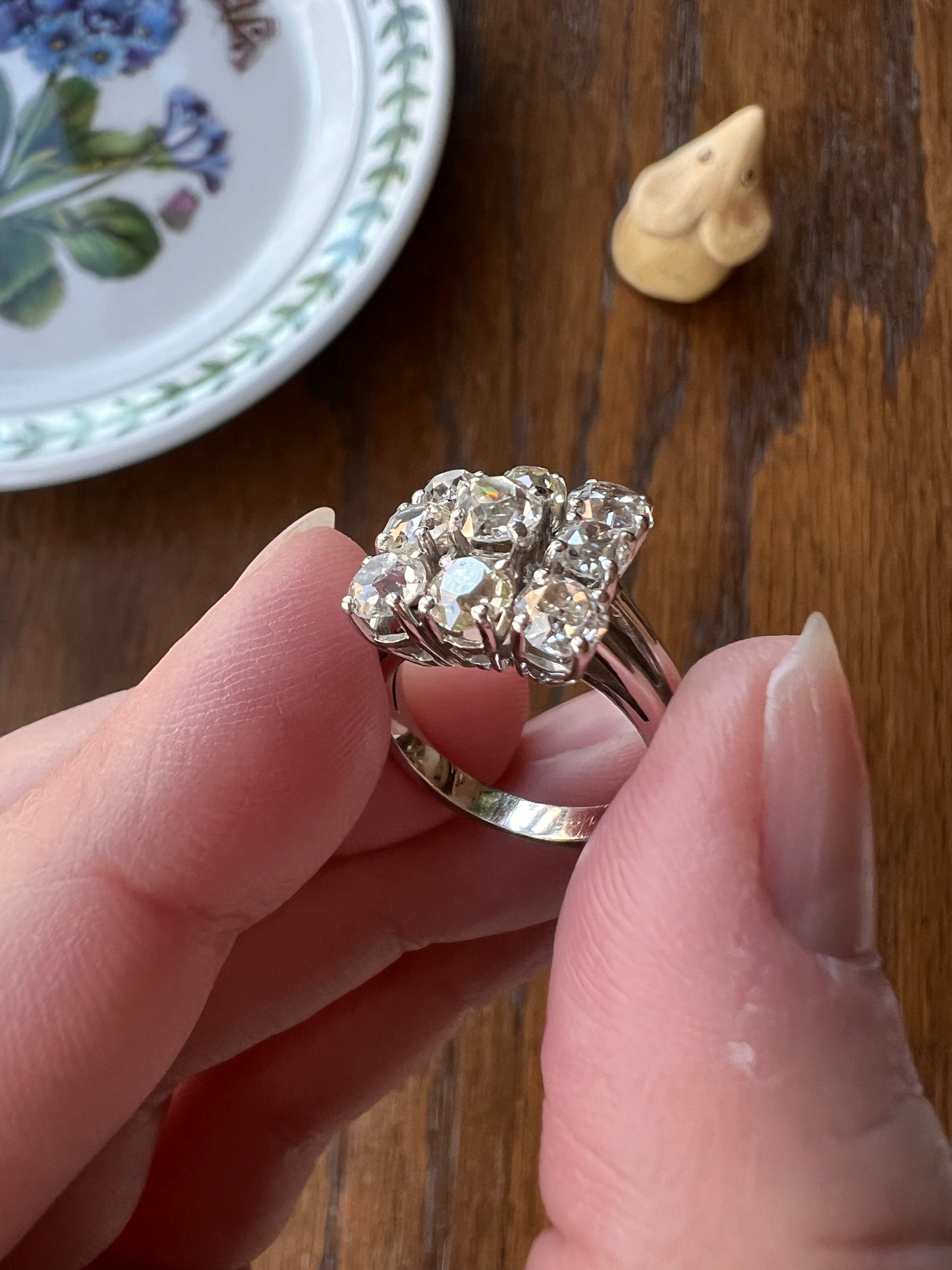 SQUARE Domed Grid French ANTIQUE 1.75 Carats Old Mine Cut Yellow & White DIAMOND Cluster Ring 18k White Gold