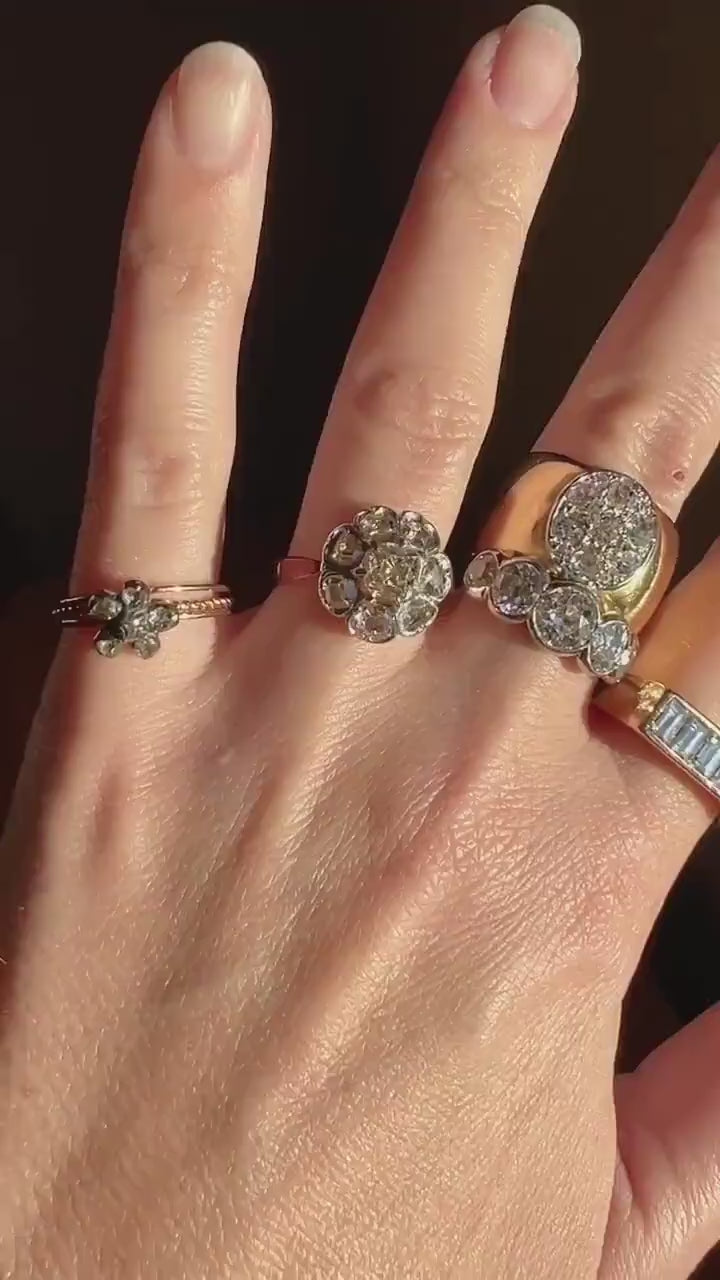 GEORGIAN Antique PANSY Floral Rose Cut Diamond Cluster Slide 18k GOLD Skinny Multi Three Band Stacker Ring French Love Gift Forget Me Not
