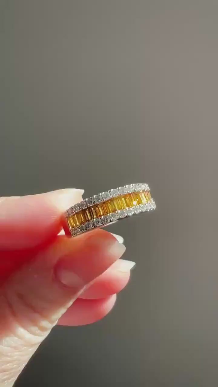 FANCY Intense YELLOW Orange & White 1.9 Carat DIAMOND 18k White Gold Ring Baguette Channel Set Band Half Hoop Linear Stacker Eternity 1.9ctw