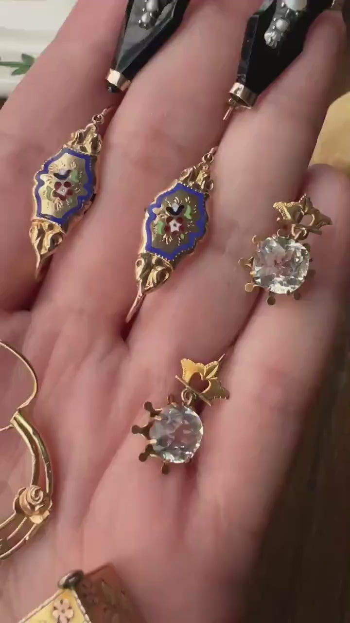 Floral French ANTIQUE CREOLE Hoop EARRINGS Tricolor 18k Gold Roses Dangle Shimmering Gypsy Belle Epoque Victorian Romantic Gift