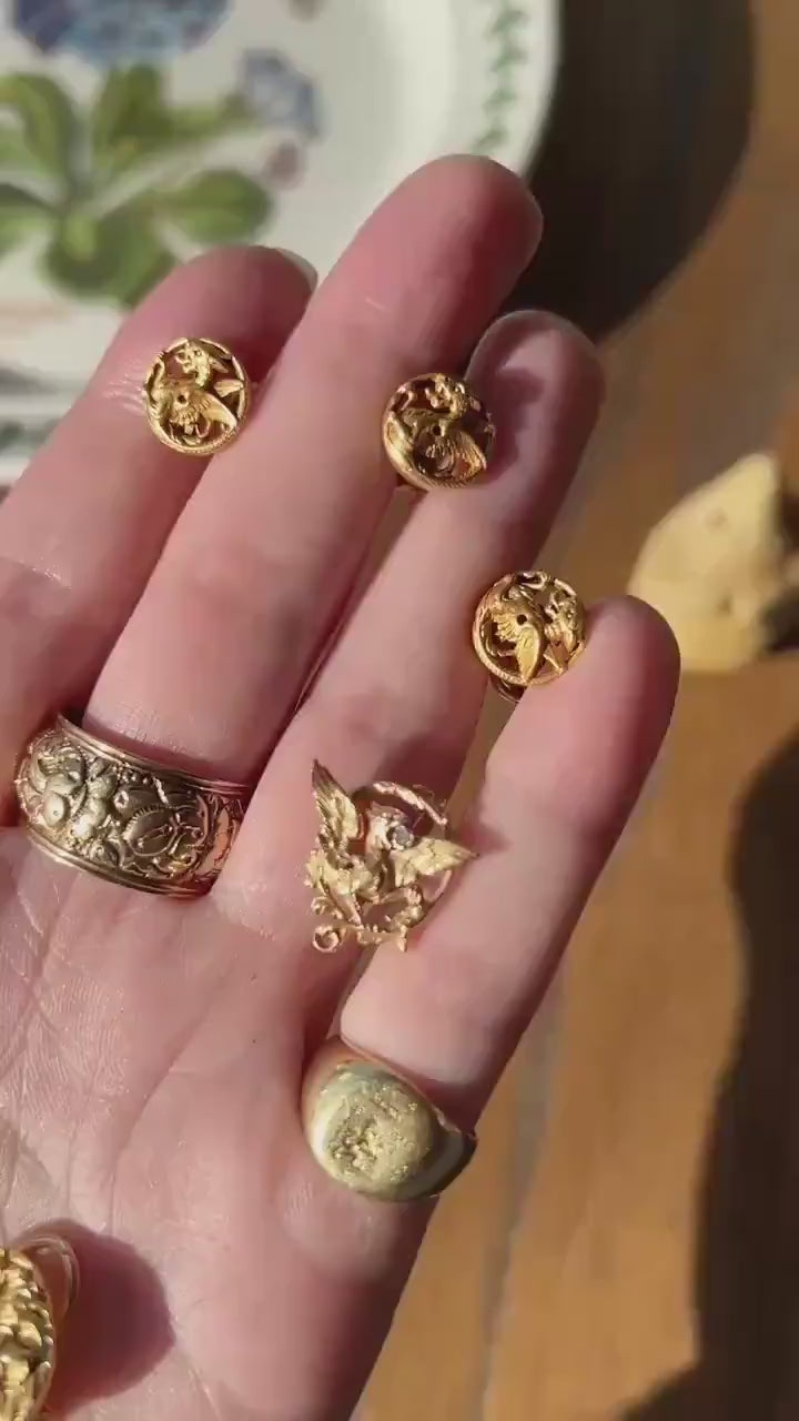 ROAR! Antique LION Figural Animal EARRINGS 8.8g 18k Gold Head Face Sturdy Clip On or Pendant Charm Studs French Vintage 3D Heavy Chunky Stud