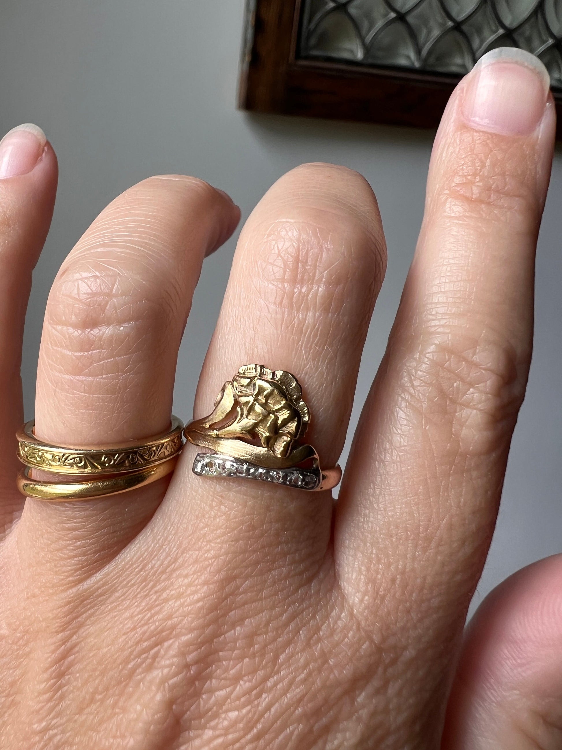 CARNATION French Art Nouveau Antique Rose Cut Diamonds 18k Gold Ring Figural Floral Stacker Buttery Glow Romantic Gift Unique Belle Epoque
