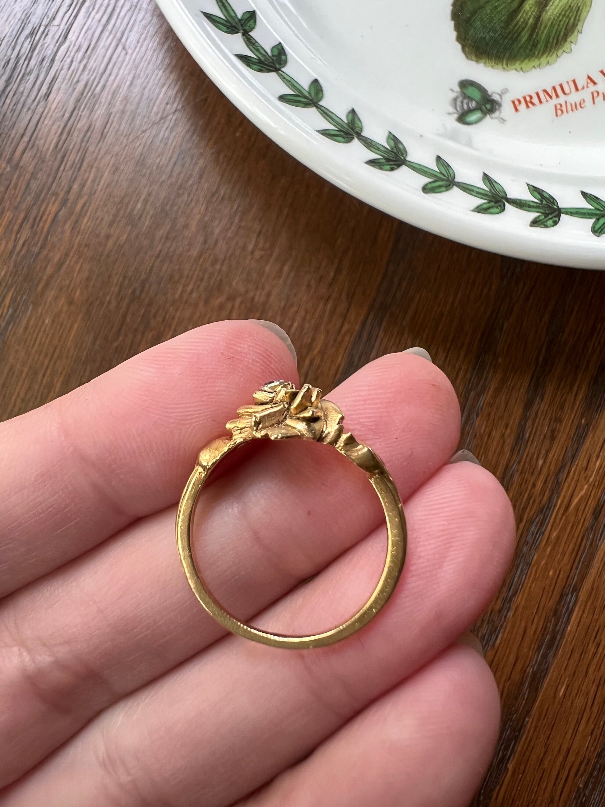 ROSE Floral Figural French Art Nouveau Antique Single Cut Diamond 18k Gold Ring Stacker Buttery Glow Romantic Gift Unique Belle Epoque Bud