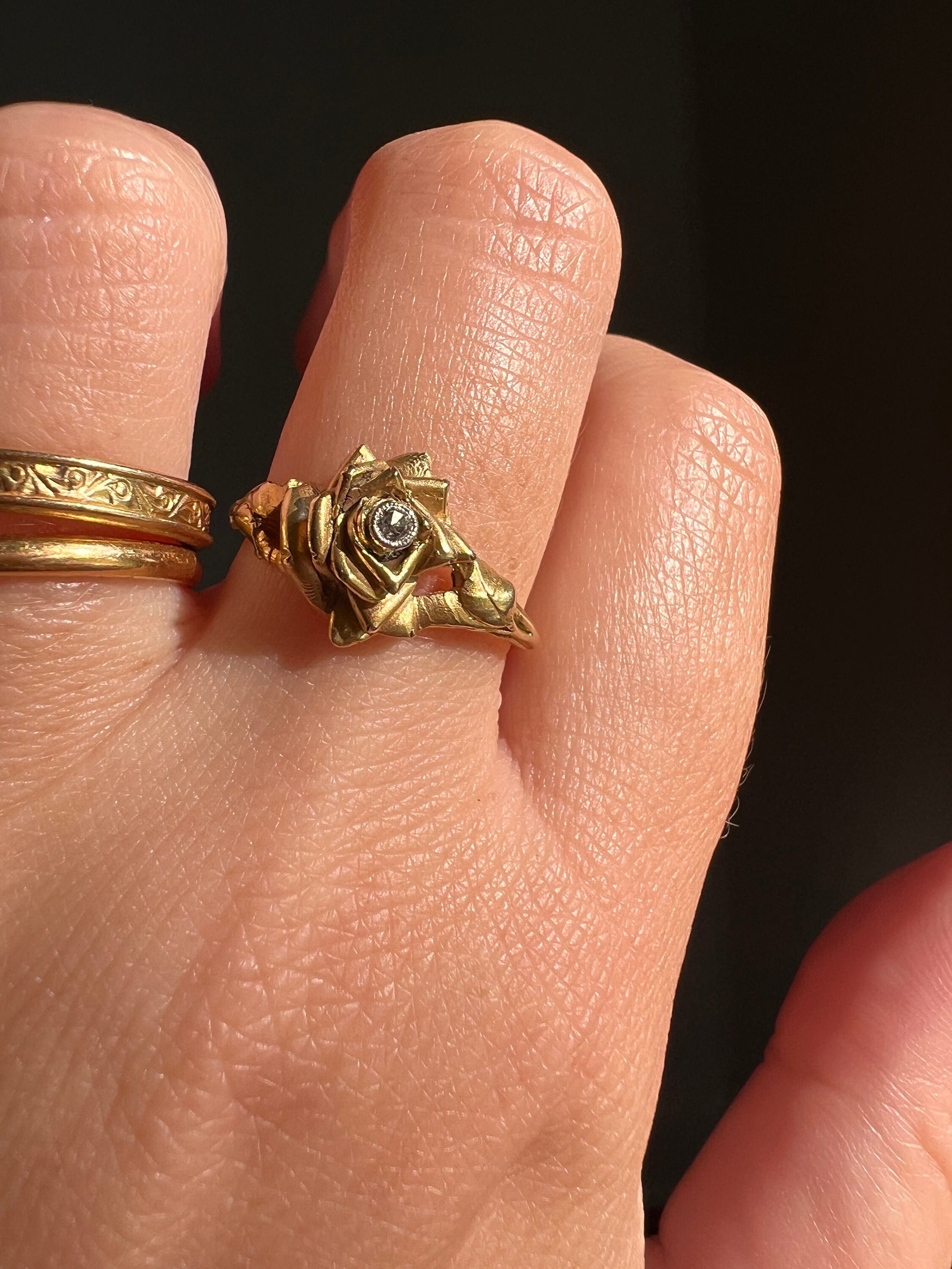 ROSE Floral Figural French Art Nouveau Antique Single Cut Diamond 18k Gold Ring Stacker Buttery Glow Romantic Gift Unique Belle Epoque Bud