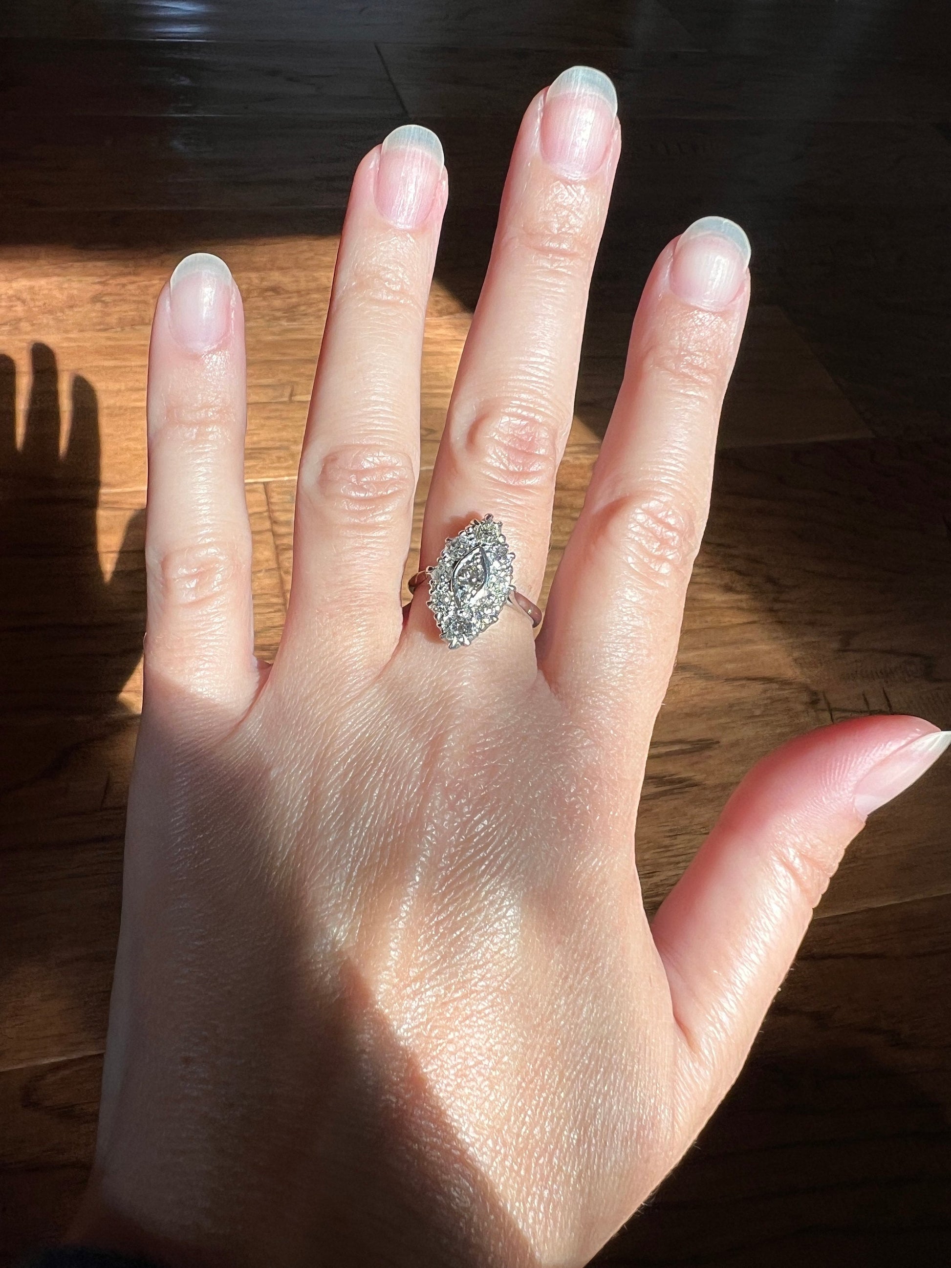 Antique 1.1 Carat 9 Old Mine Cut DIAMOND Navette Marquise RING 18k White Gold PLATINUM Victorian Chunky Stacker Romantic Gift 1.1Ctw Tdw OmC
