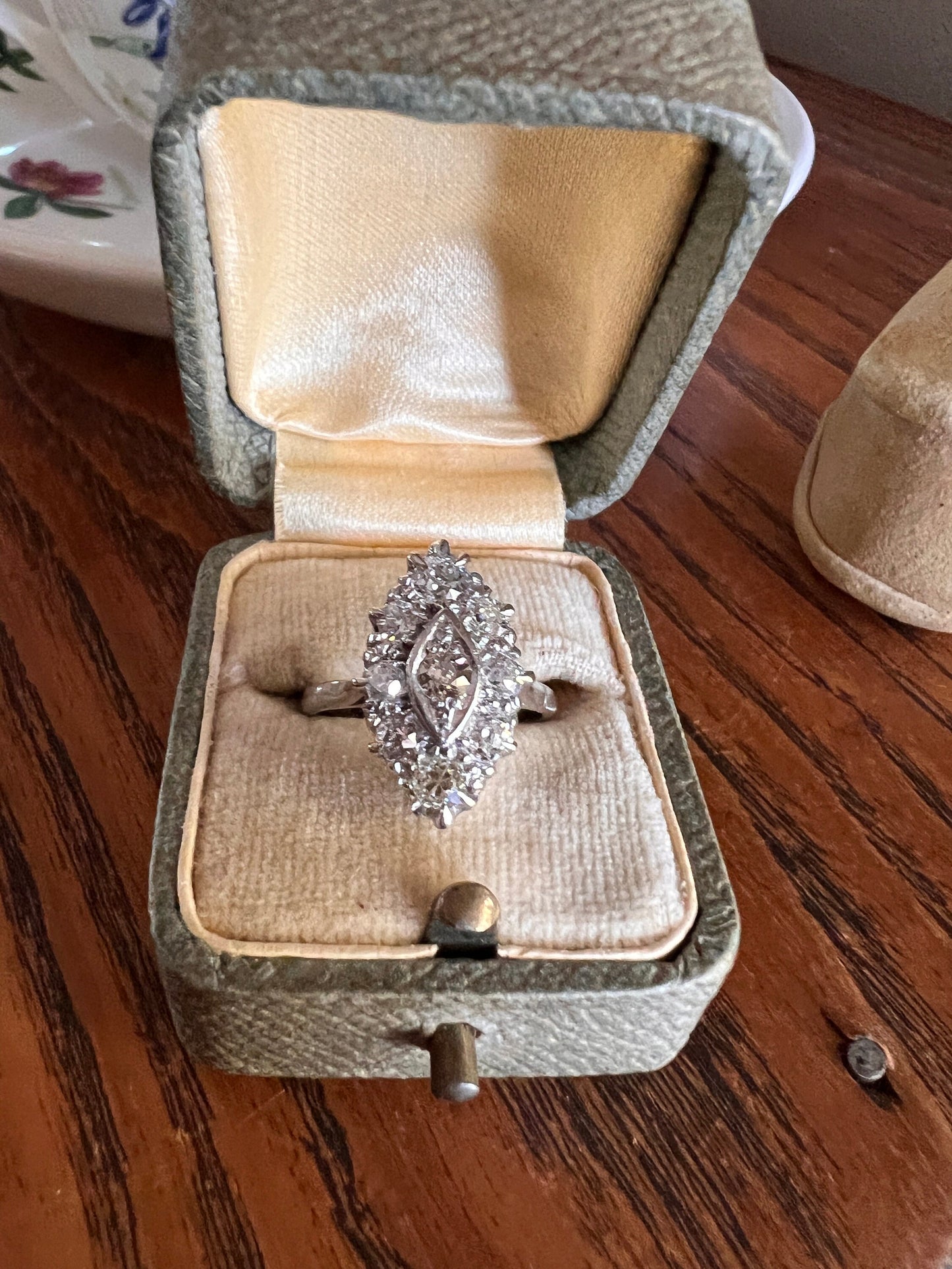 Antique 1.1 Carat 9 Old Mine Cut DIAMOND Navette Marquise RING 18k White Gold PLATINUM Victorian Chunky Stacker Romantic Gift 1.1Ctw Tdw OmC
