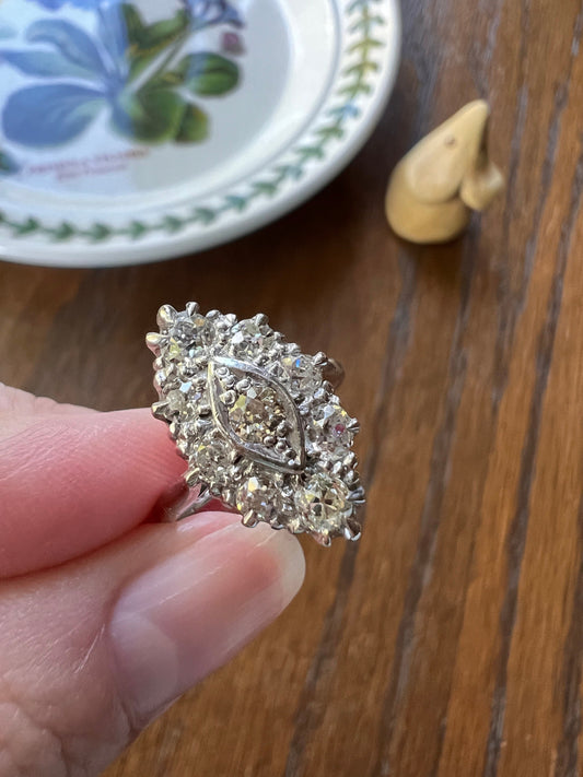 Antique 1.1 Carat 9 Old Mine Cut DIAMOND Navette Marquise RING 18k White Gold PLATINUM Victorian Chunky Stacker Romantic Gift 1.1Ctw Tdw OmC