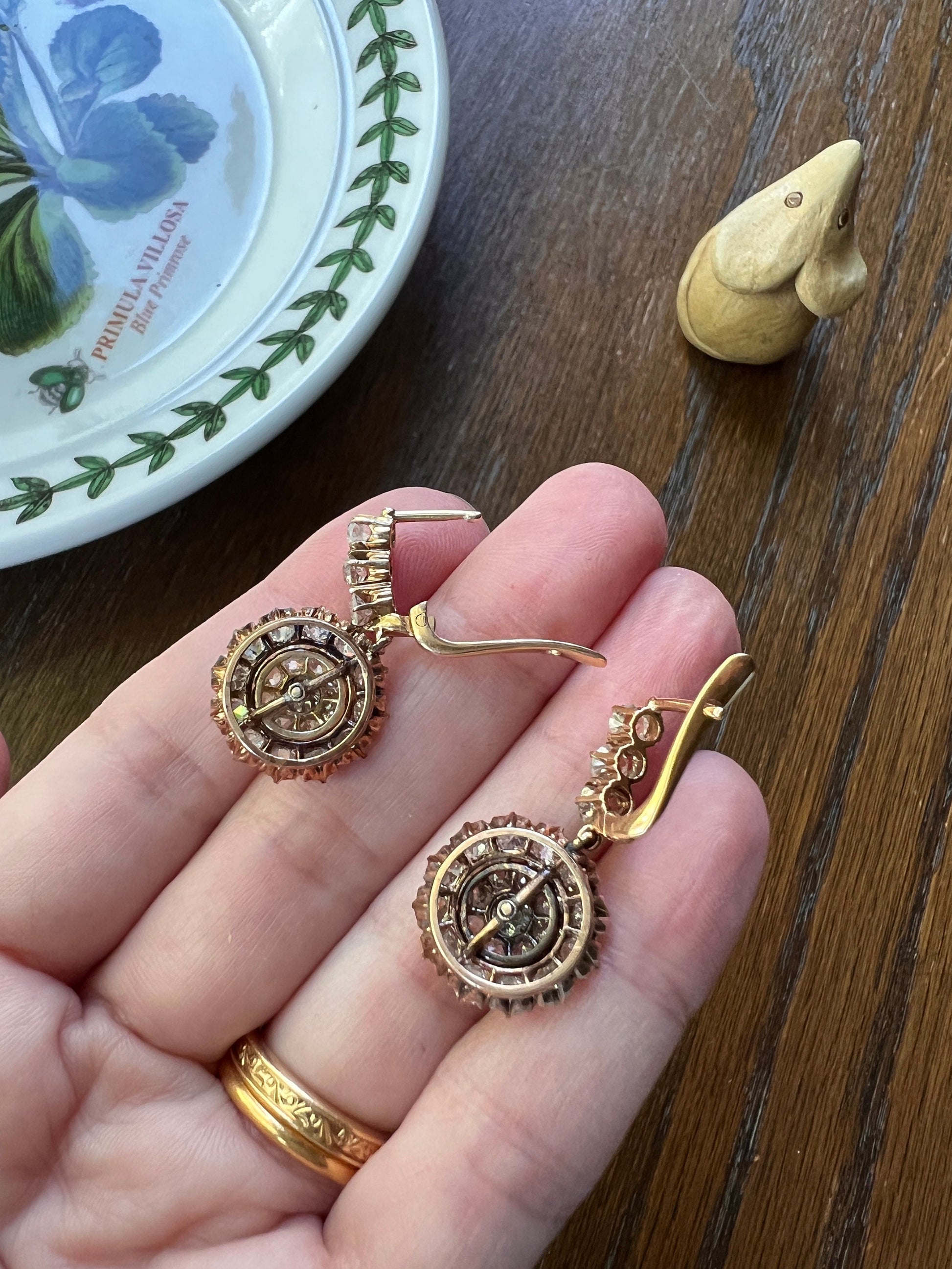 XL Antique 4 1/3 Carat Old Mine DIAMOND Cluster Dangle Earrings 18k Gold ViCTORIAN Bullseye Halo Drop Dormeuse Bridal Something Old Rare OmC