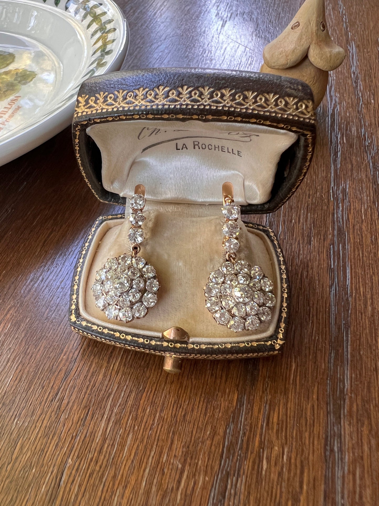XL Antique 4 1/3 Carat Old Mine DIAMOND Cluster Dangle Earrings 18k Gold ViCTORIAN Bullseye Halo Drop Dormeuse Bridal Something Old Rare OmC