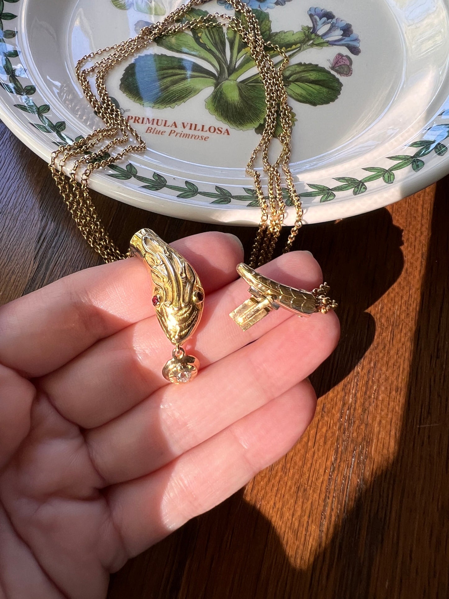 SNAKE Georgian Antique Old Mine Cut DIAMOND Four Multi Strand Cable Chain NECKLACE 18k Gold Romantic Gift Figural Serpent Red Garnet Eyes
