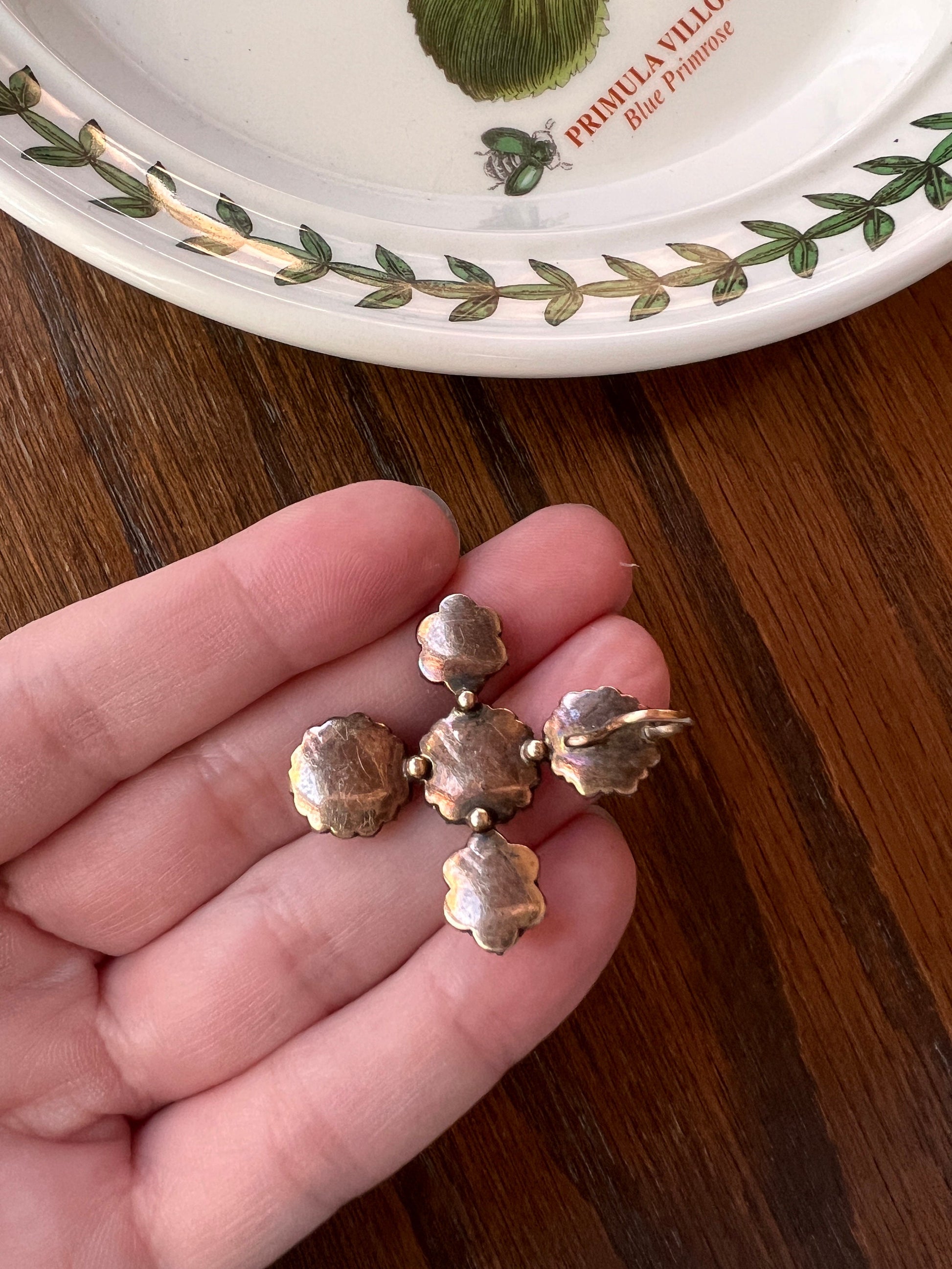 CRUCIFORM French Antique 3.5 Carats 61 Rose & Old Mine Cut DIAMOND PENDANT 18k Gold Silver Cross Sparkle Peach Foil Clusters Georgian 3 1/2
