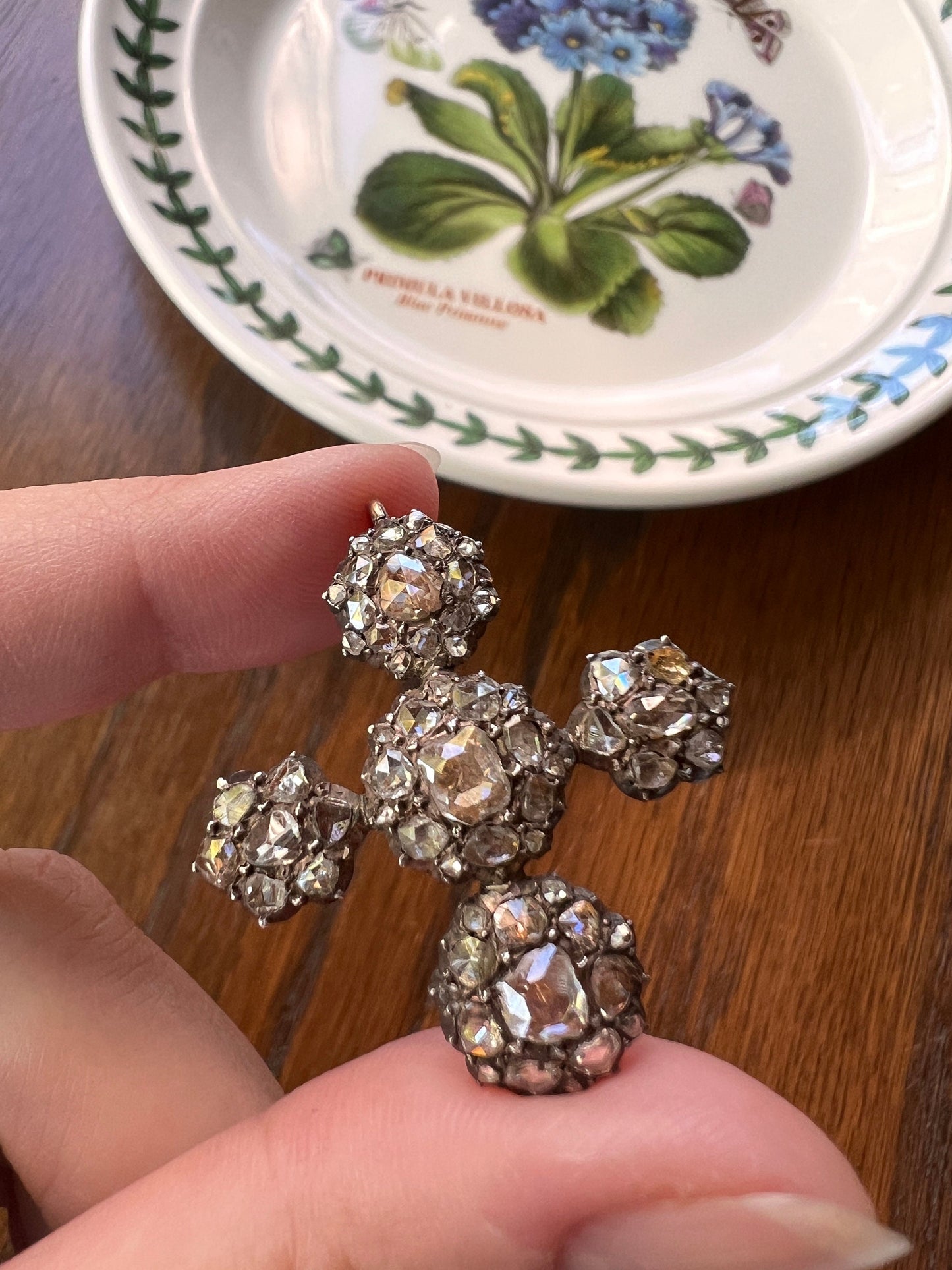 CRUCIFORM French Antique 3.5 Carats 61 Rose & Old Mine Cut DIAMOND PENDANT 18k Gold Silver Cross Sparkle Peach Foil Clusters Georgian 3 1/2