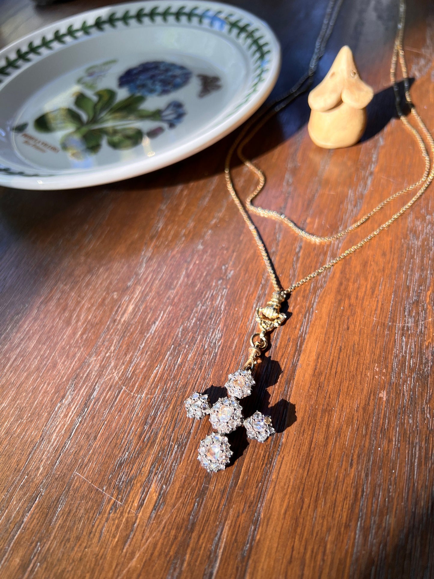 CRUCIFORM French Antique 3.5 Carats 61 Rose & Old Mine Cut DIAMOND PENDANT 18k Gold Silver Cross Sparkle Peach Foil Clusters Georgian 3 1/2