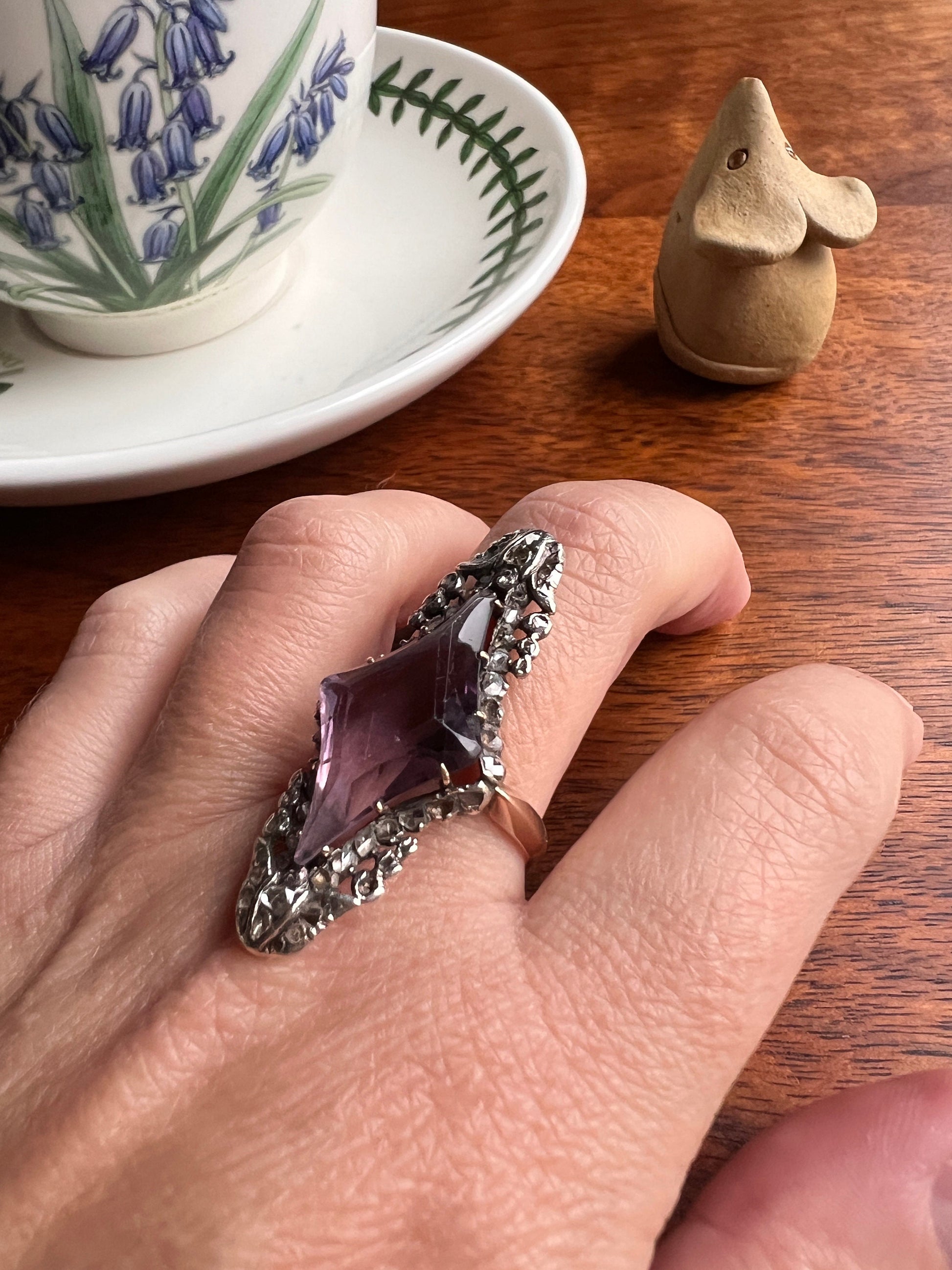One of a Kind LARGE Flared Cut AMETHYST 62 Rose Cut DIAMONDS French Antique Ring Tulip Floral Garland 18k Rose Gold Silver Victorian Rare