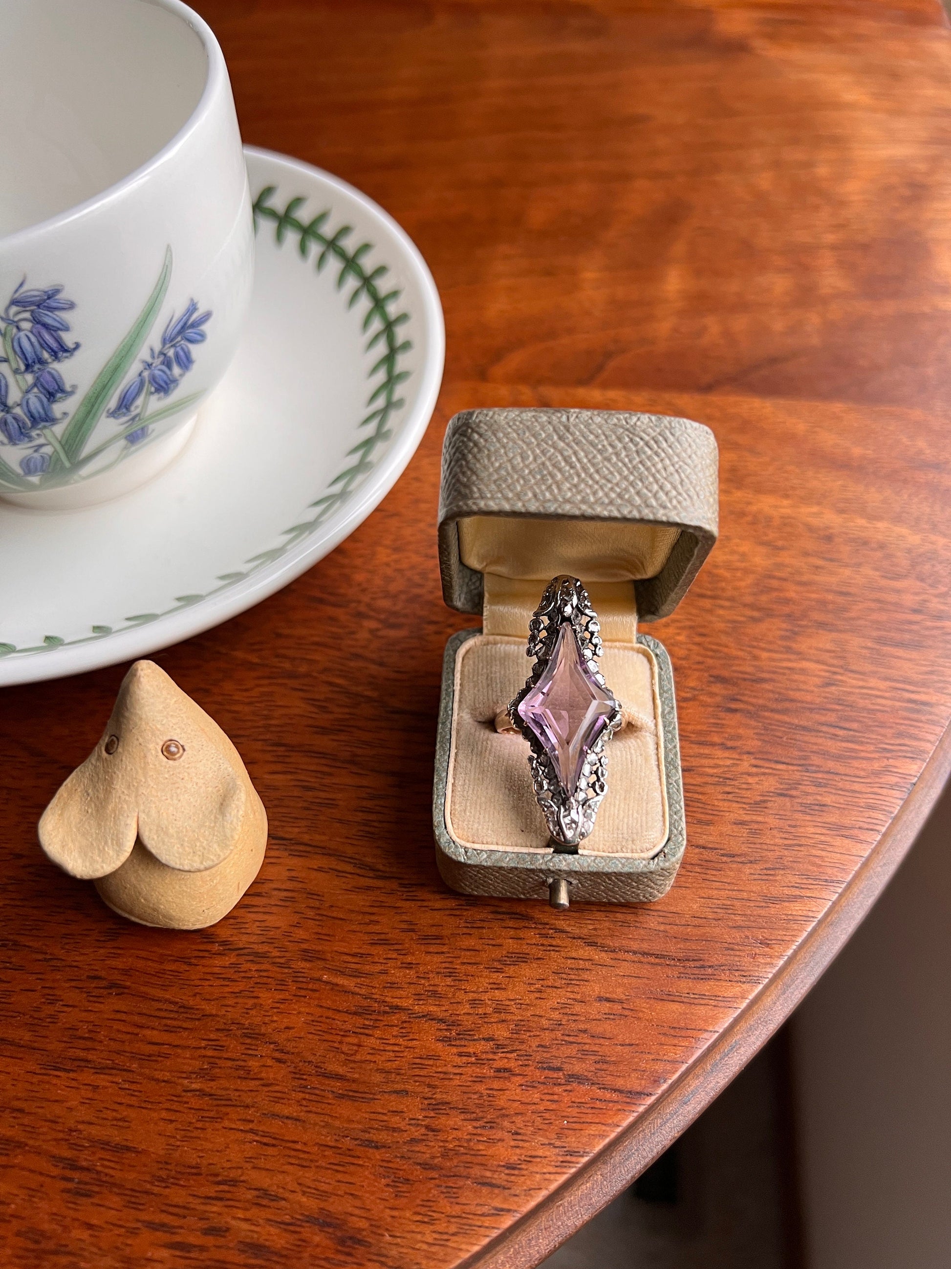One of a Kind LARGE Flared Cut AMETHYST 62 Rose Cut DIAMONDS French Antique Ring Tulip Floral Garland 18k Rose Gold Silver Victorian Rare