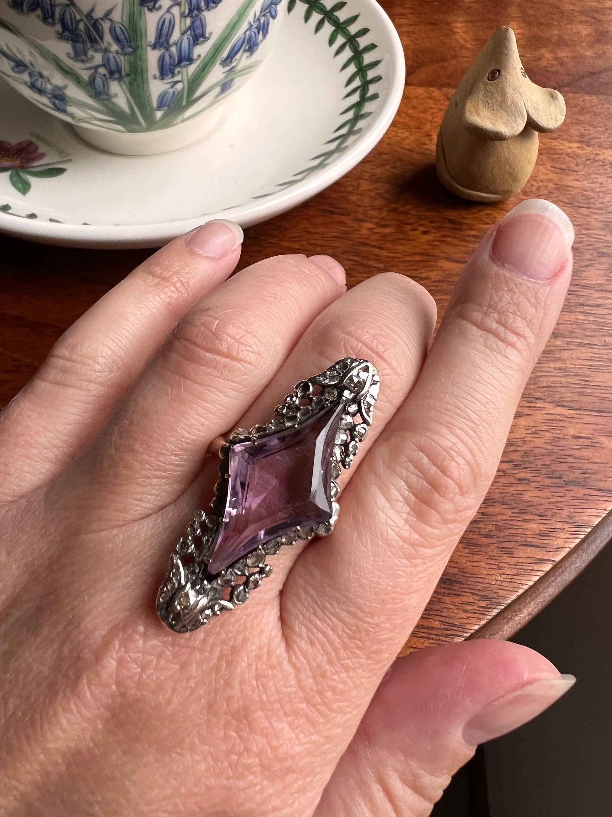 One of a Kind LARGE Flared Cut AMETHYST 62 Rose Cut DIAMONDS French Antique Ring Tulip Floral Garland 18k Rose Gold Silver Victorian Rare