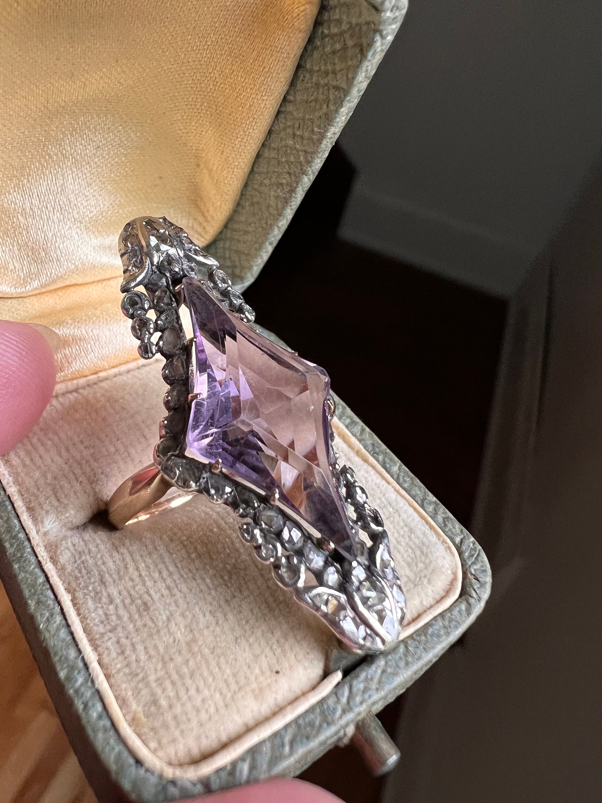 One of a Kind LARGE Flared Cut AMETHYST 62 Rose Cut DIAMONDS French Antique Ring Tulip Floral Garland 18k Rose Gold Silver Victorian Rare