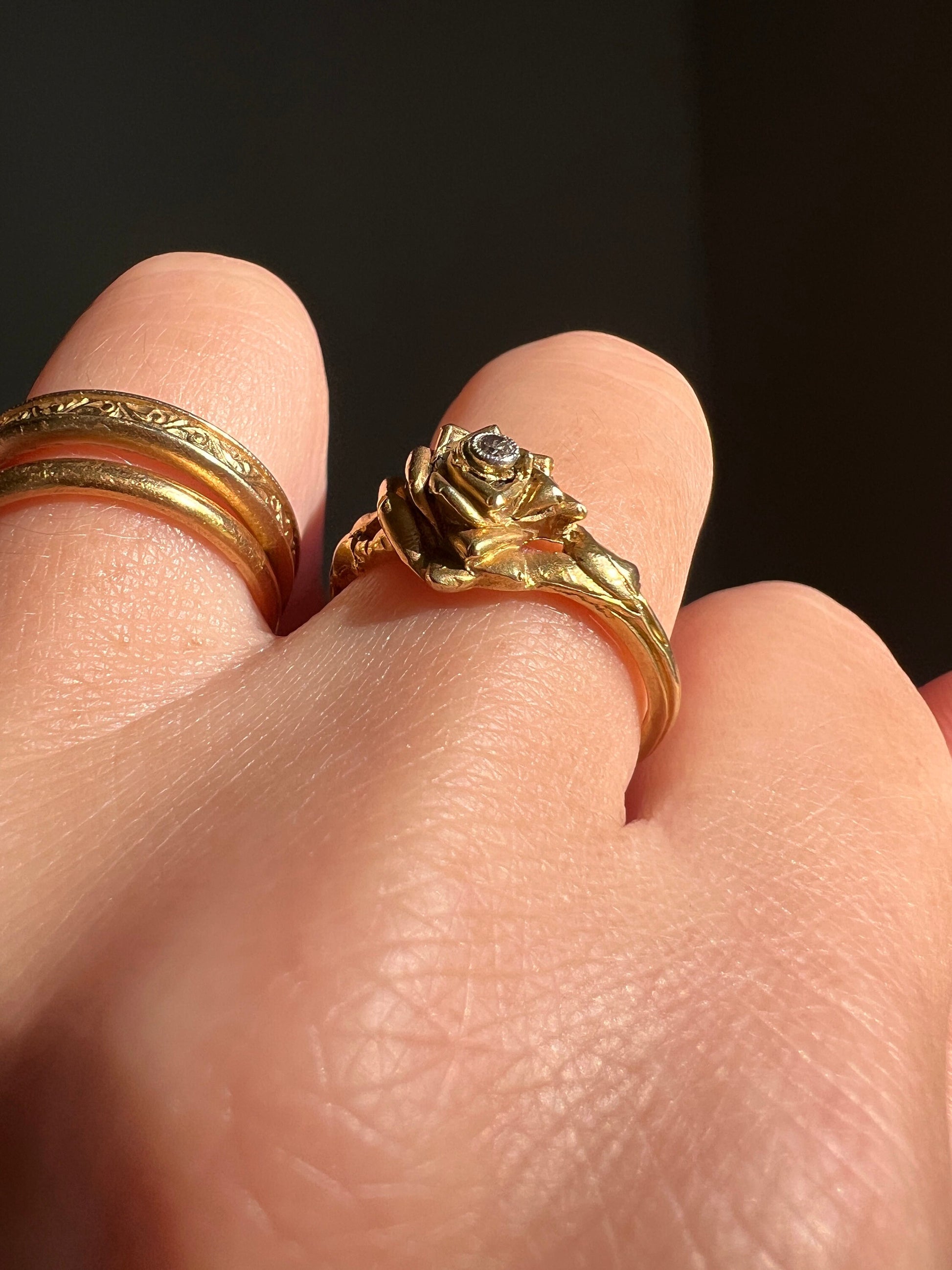 ROSE Floral Figural French Art Nouveau Antique Single Cut Diamond 18k Gold Ring Stacker Buttery Glow Romantic Gift Unique Belle Epoque Bud