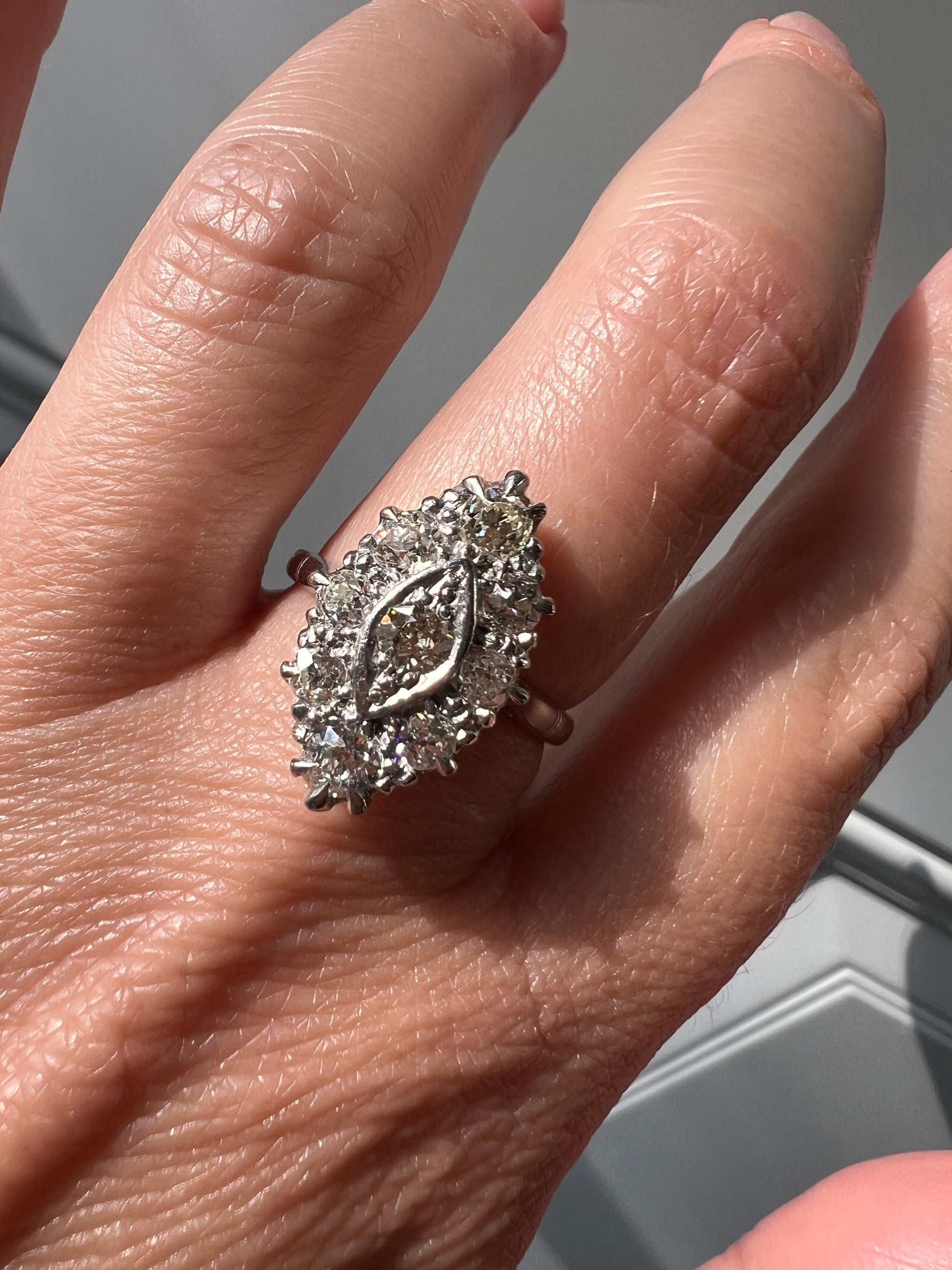 Antique 1.1 Carat 9 Old Mine Cut DIAMOND Navette Marquise RING 18k White Gold PLATINUM Victorian Chunky Stacker Romantic Gift 1.1Ctw Tdw OmC