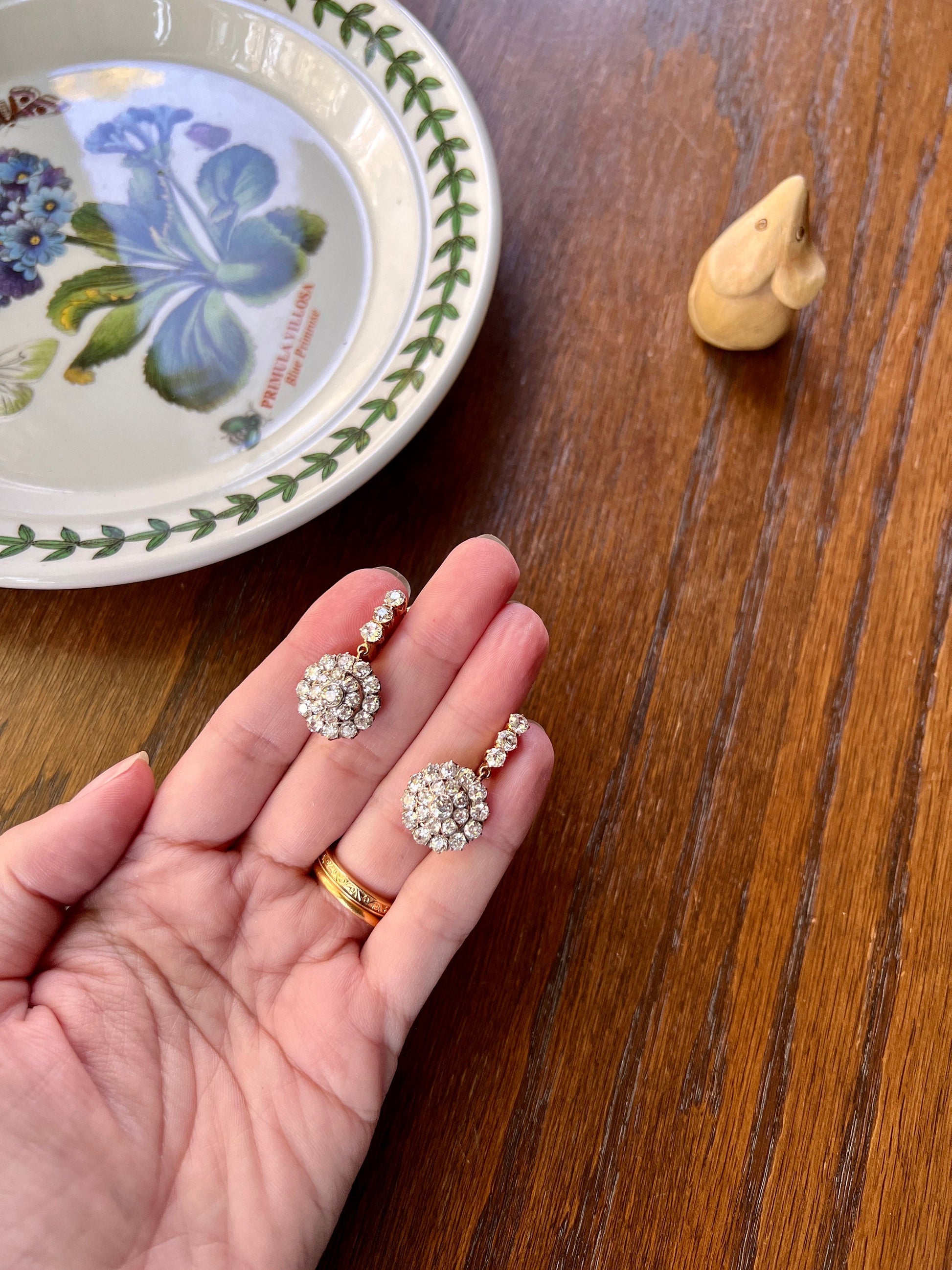 XL Antique 4 1/3 Carat Old Mine DIAMOND Cluster Dangle Earrings 18k Gold ViCTORIAN Bullseye Halo Drop Dormeuse Bridal Something Old Rare OmC
