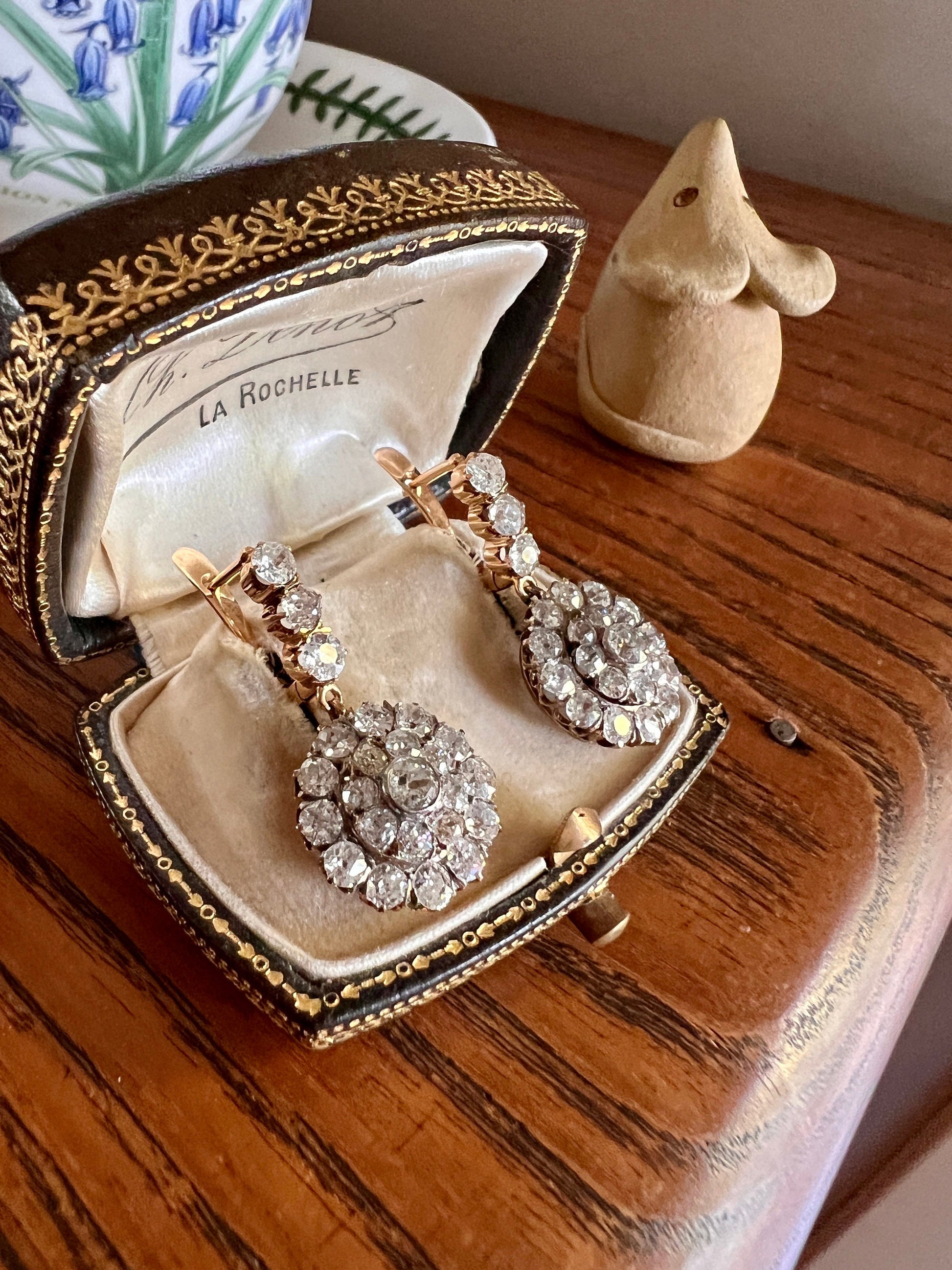 XL Antique 4 1/3 Carat Old Mine DIAMOND Cluster Dangle Earrings 18k Gold ViCTORIAN Bullseye Halo Drop Dormeuse Bridal Something Old Rare OmC