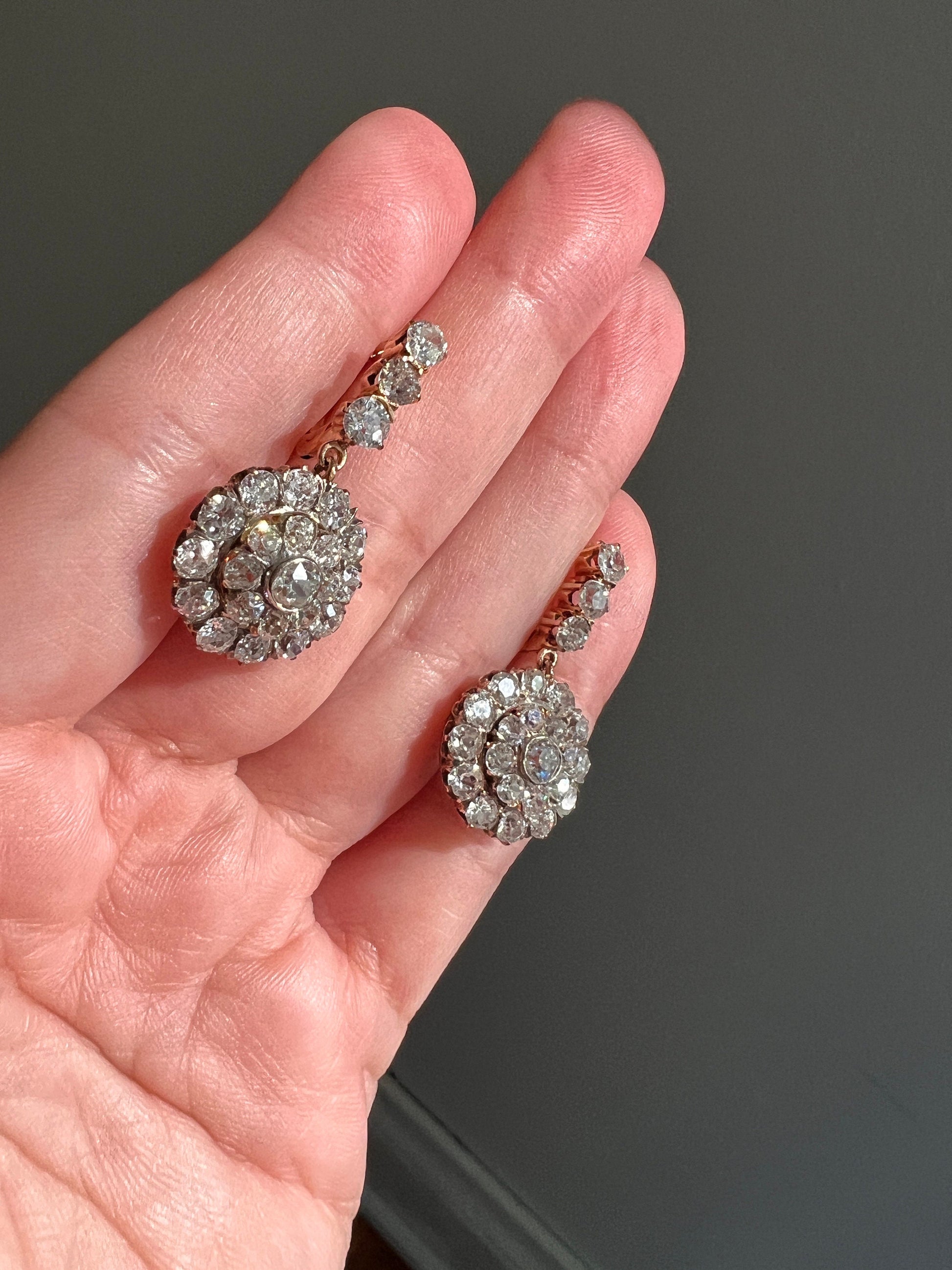 XL Antique 4 1/3 Carat Old Mine DIAMOND Cluster Dangle Earrings 18k Gold ViCTORIAN Bullseye Halo Drop Dormeuse Bridal Something Old Rare OmC