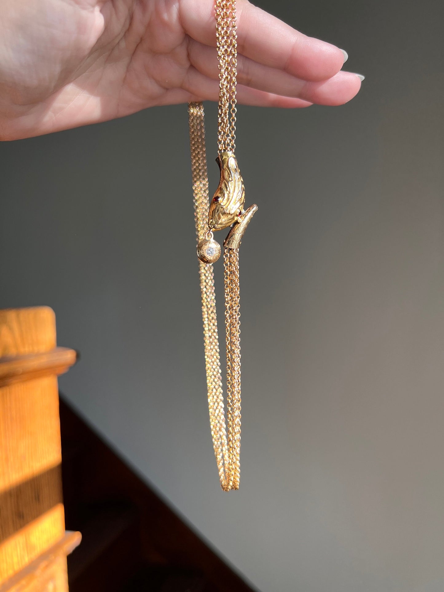 SNAKE Georgian Antique Old Mine Cut DIAMOND Four Multi Strand Cable Chain NECKLACE 18k Gold Romantic Gift Figural Serpent Red Garnet Eyes