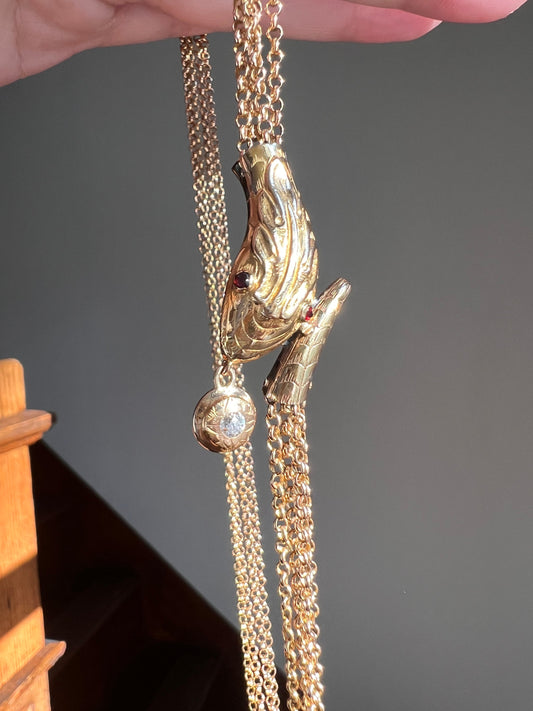 SNAKE Georgian Antique Old Mine Cut DIAMOND Four Multi Strand Cable Chain NECKLACE 18k Gold Romantic Gift Figural Serpent Red Garnet Eyes