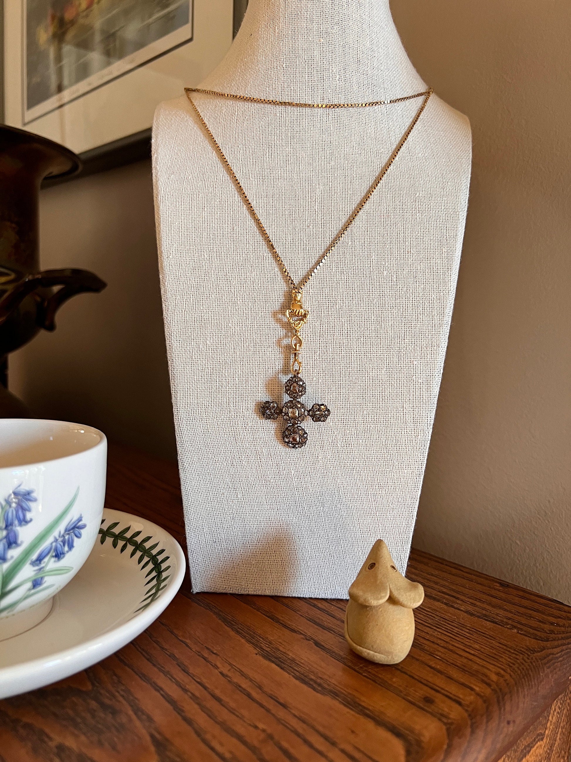 CRUCIFORM French Antique 3.5 Carats 61 Rose & Old Mine Cut DIAMOND PENDANT 18k Gold Silver Cross Sparkle Peach Foil Clusters Georgian 3 1/2