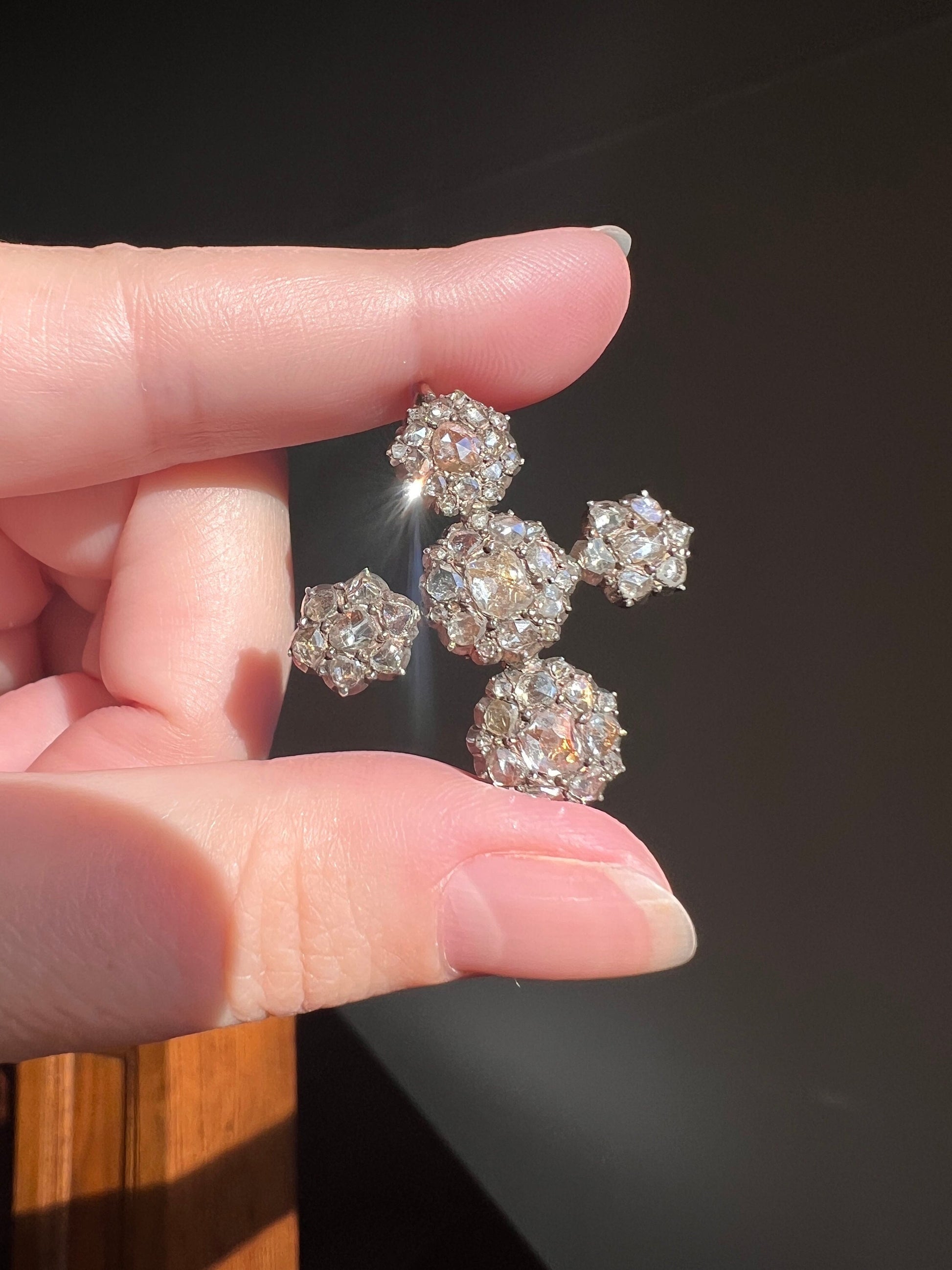 CRUCIFORM French Antique 3.5 Carats 61 Rose & Old Mine Cut DIAMOND PENDANT 18k Gold Silver Cross Sparkle Peach Foil Clusters Georgian 3 1/2