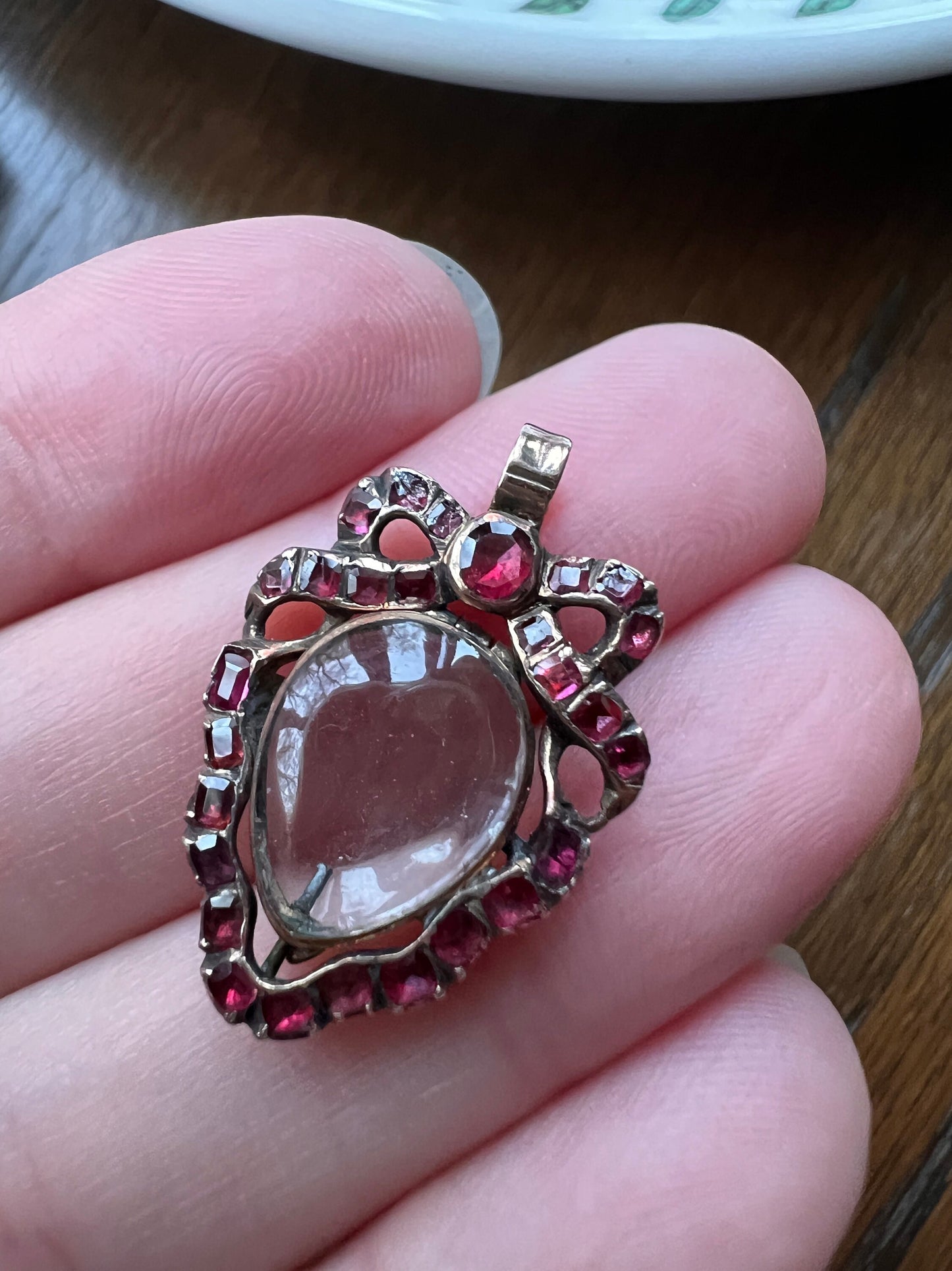 GEORGIAN Antique Bowed HEART Rock Crystal Garnet Ruby LOCKET 14k Gold Flat Cut Red Gemset Back Magnifier Pool of Light Romantic Gift Holiday