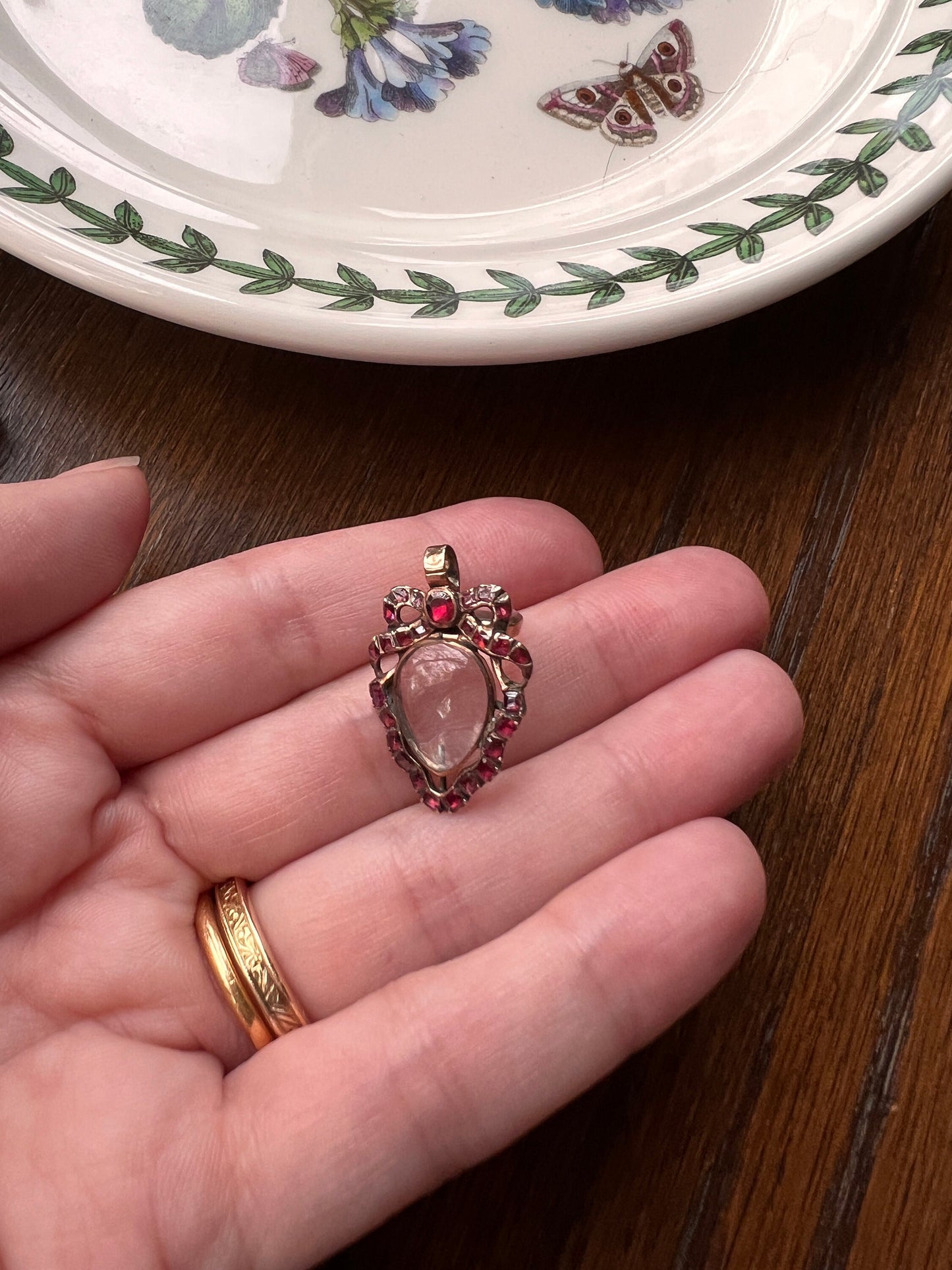 GEORGIAN Antique Bowed HEART Rock Crystal Garnet Ruby LOCKET 14k Gold Flat Cut Red Gemset Back Magnifier Pool of Light Romantic Gift Holiday