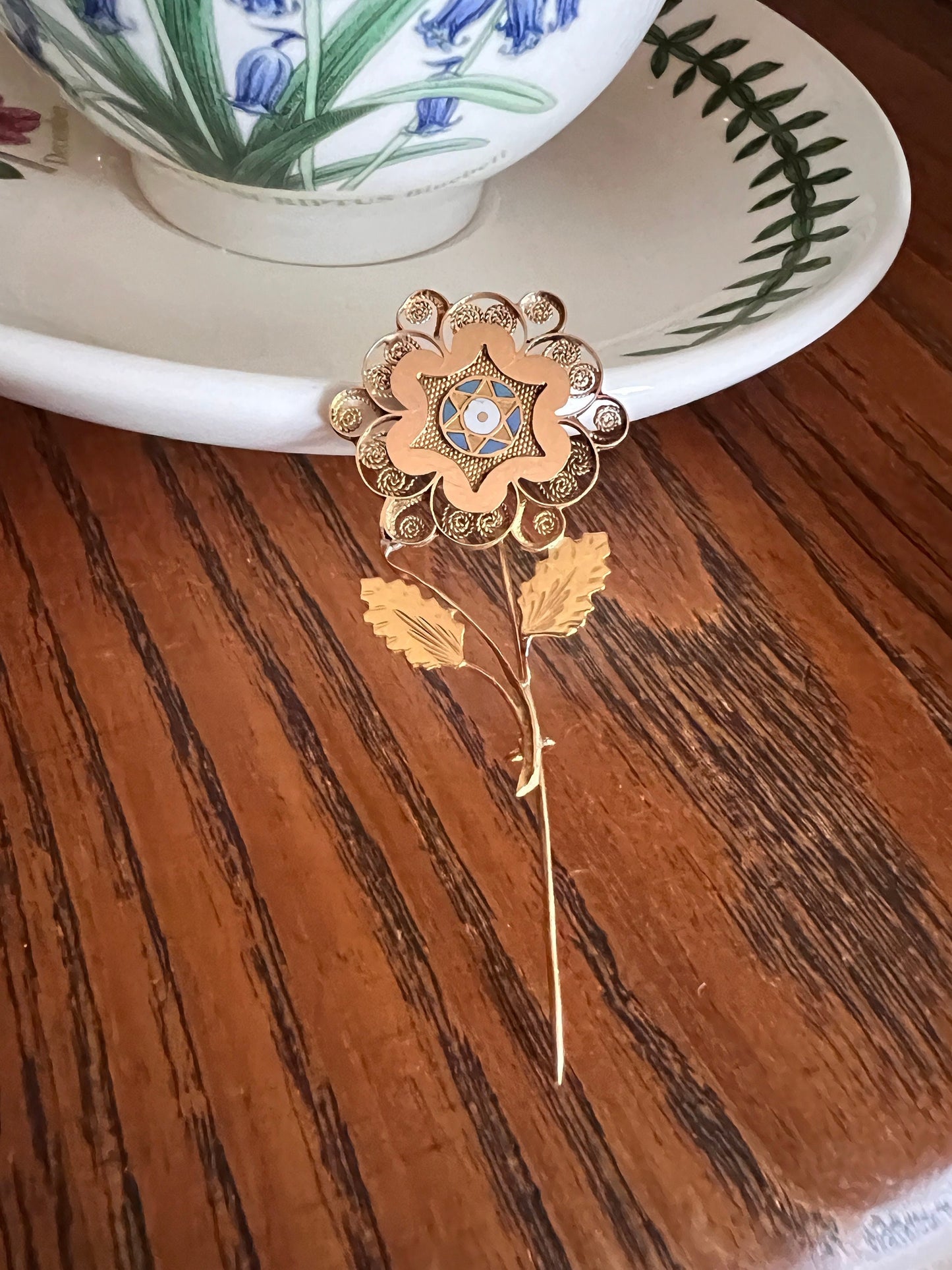 GEORGIAN Era French Antique Blue White Enamel STAR Floral Figural Stick PIN or Pendant Conv. Large Hinged Back Brooch Fastener Filigree Leaf