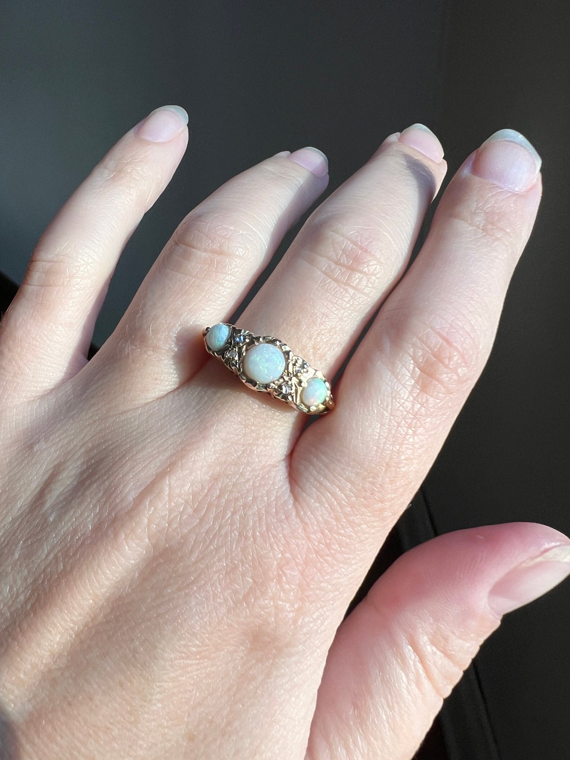 OPAL Antique EDWARDIAN Trilogy Ring Wide Band 18k Gold Rose Cut DIAMOND Spacer Tall Ornate Stacker Romantic Gift Chunky Iridescent Blue 1905