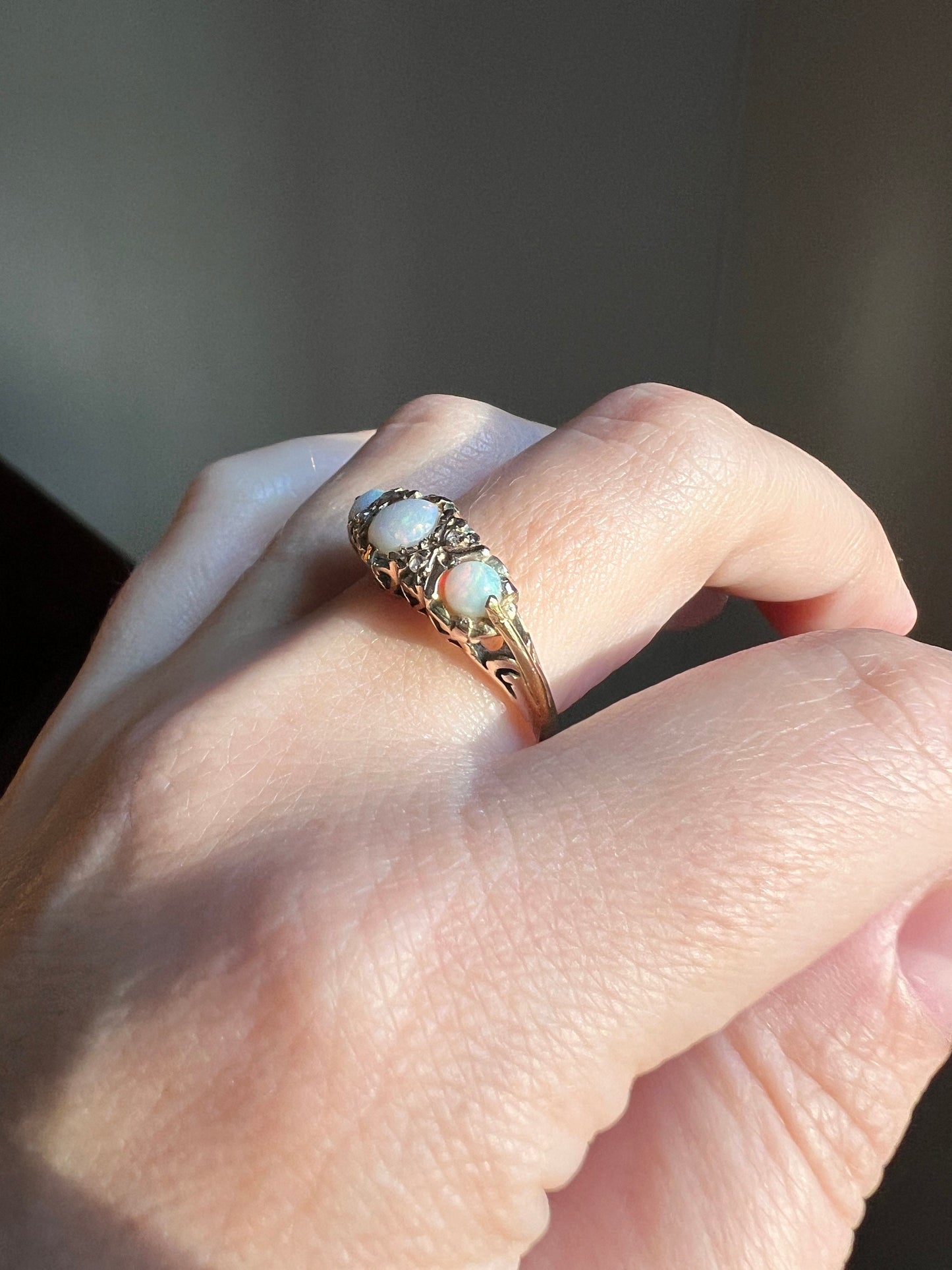 OPAL Antique EDWARDIAN Trilogy Ring Wide Band 18k Gold Rose Cut DIAMOND Spacer Tall Ornate Stacker Romantic Gift Chunky Iridescent Blue 1905